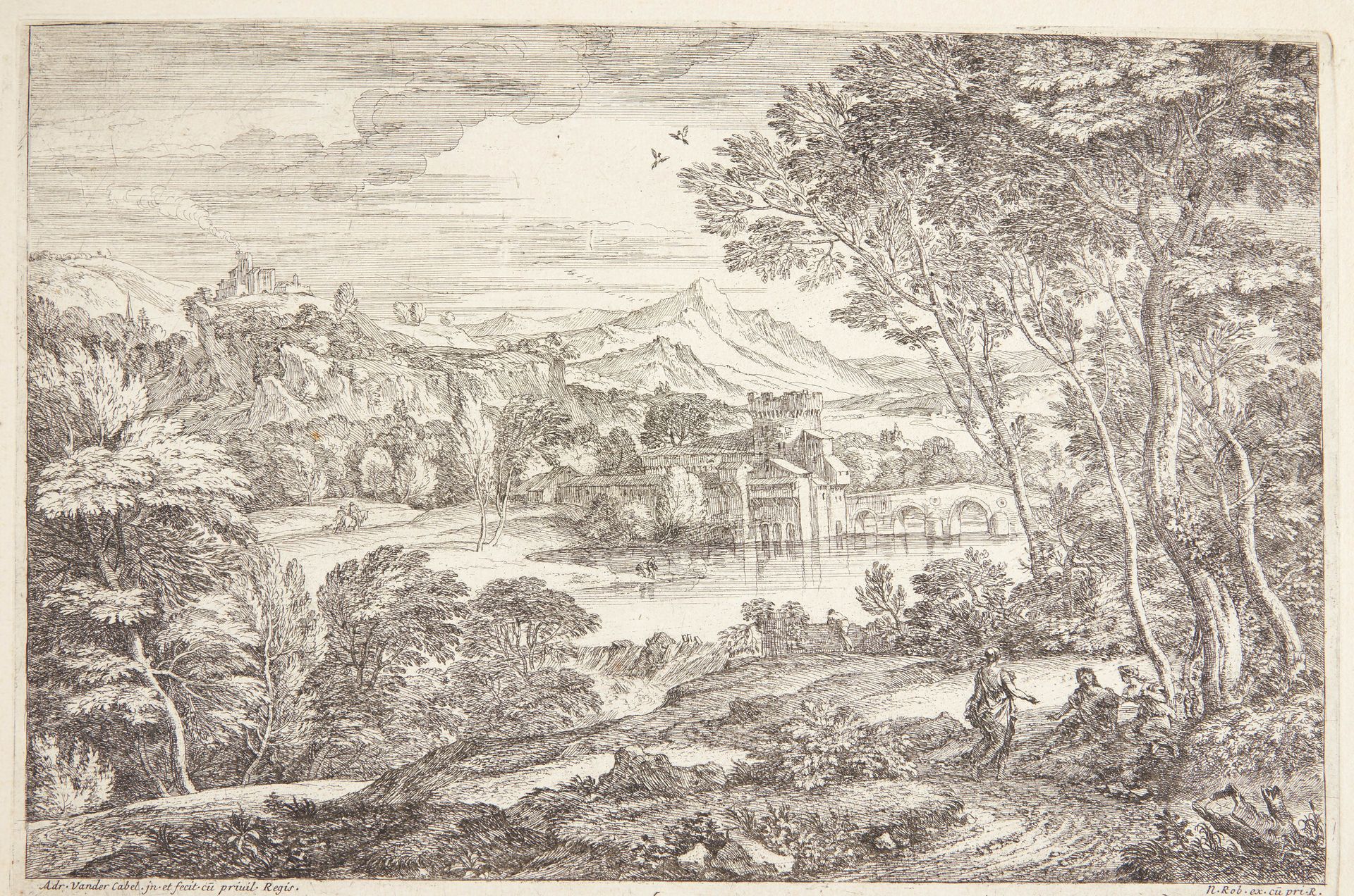 Landskab med to kvinder og en mand i skyggen af et træ by Adriaen van der Kabel