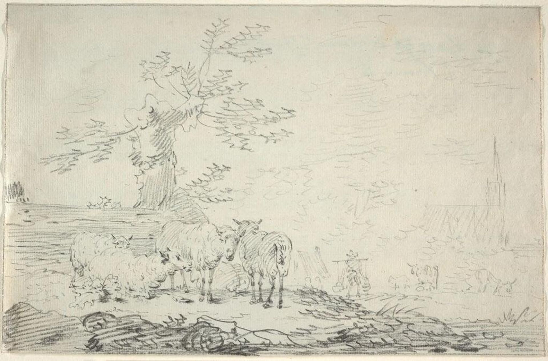 Sketch of Sheep and Figures in a Rustic Village Setting by Attributed to Jan Kobell II