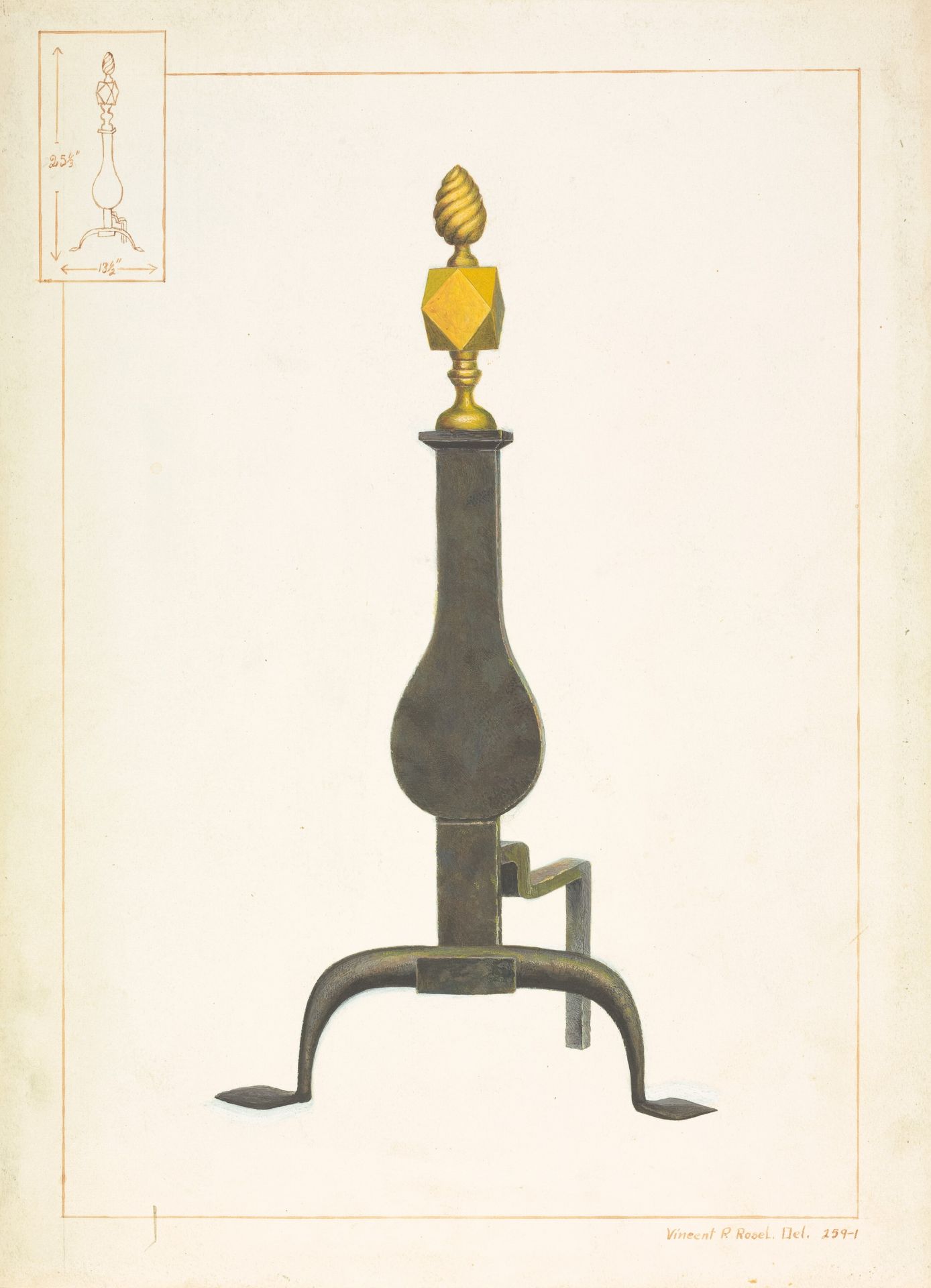 Cast Iron and Brass Andiron by Vincent P. Rosel