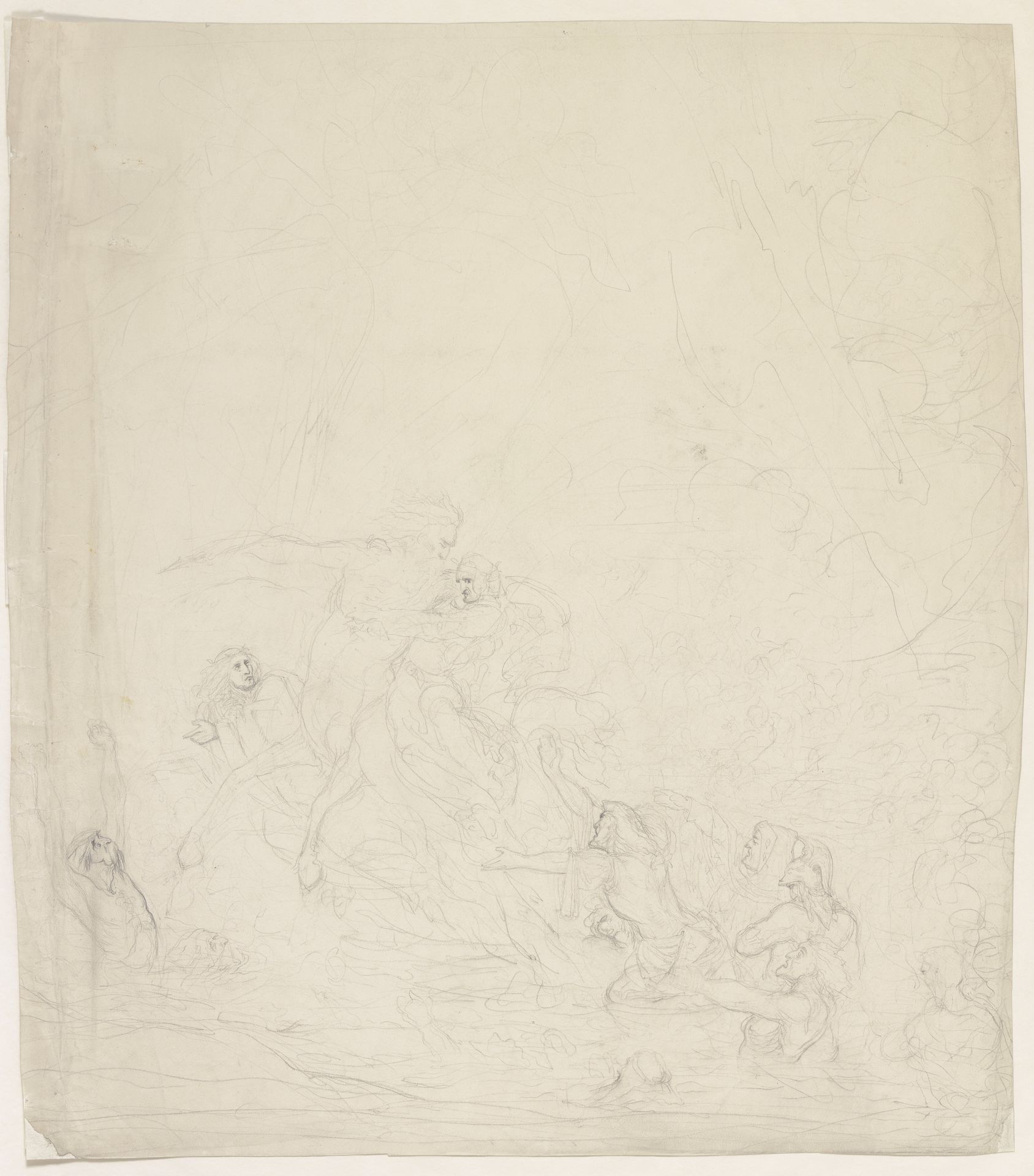 Auf dem Rücken des Kentauren Nessus überqueren Dante und an seiner Seite Vergil die Furt zum zweiten Ring des siebten Höllenkreises, links und rechts der Furt die zehn Tyrannen by Victor Müller