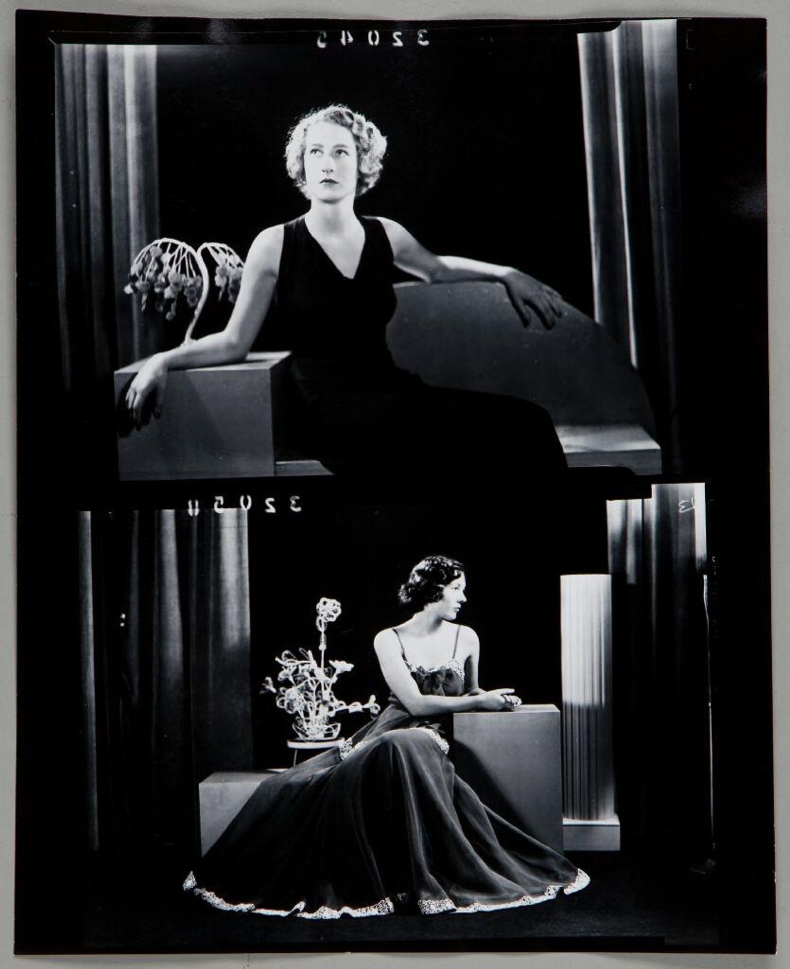 Untitled (two photographs: blond woman in black dress posed looking upward; stylized portrait of woman in dark dress with thin straps and bow at front) by Martin Schweig