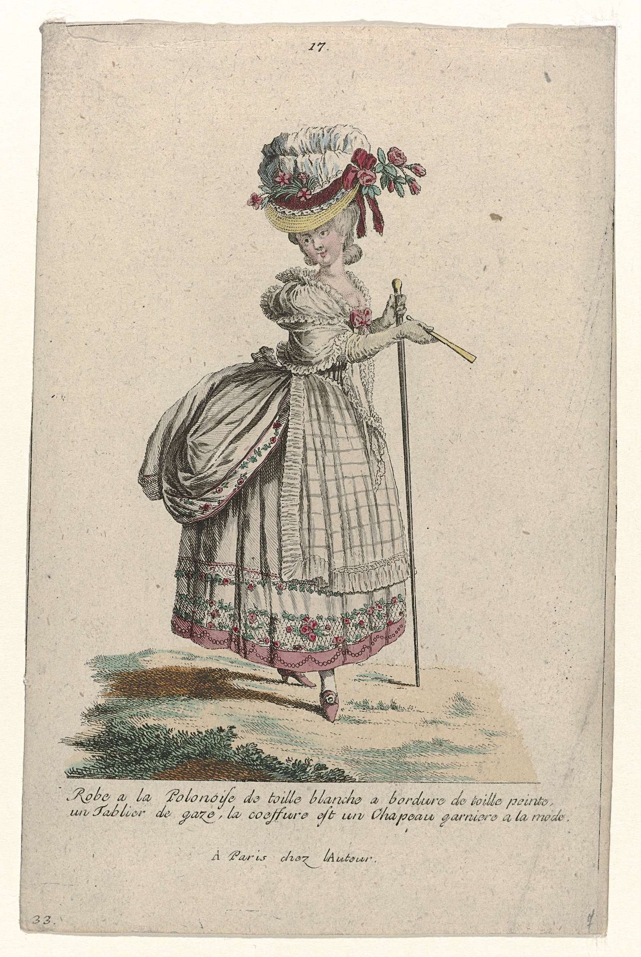 Gallerie des Modes et Costumes Français, 1785, nr. 17, nr. 33, Kopie naar Y 134 : Robe a la Polonoise de toille blanch (...) by Pierre Gleich