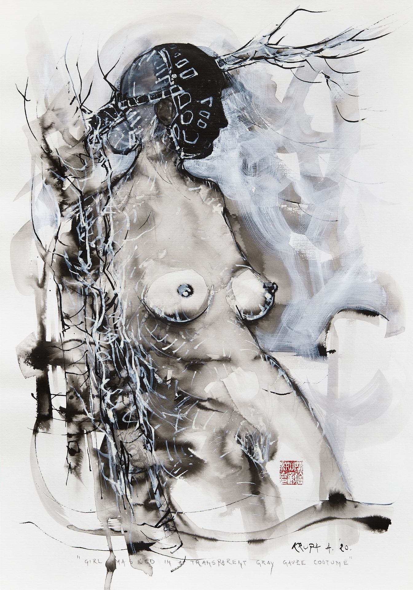Girl masked in a transparent gray gauze costume (COVID-19 artwork no.1) by Alfred Freddy Krupa