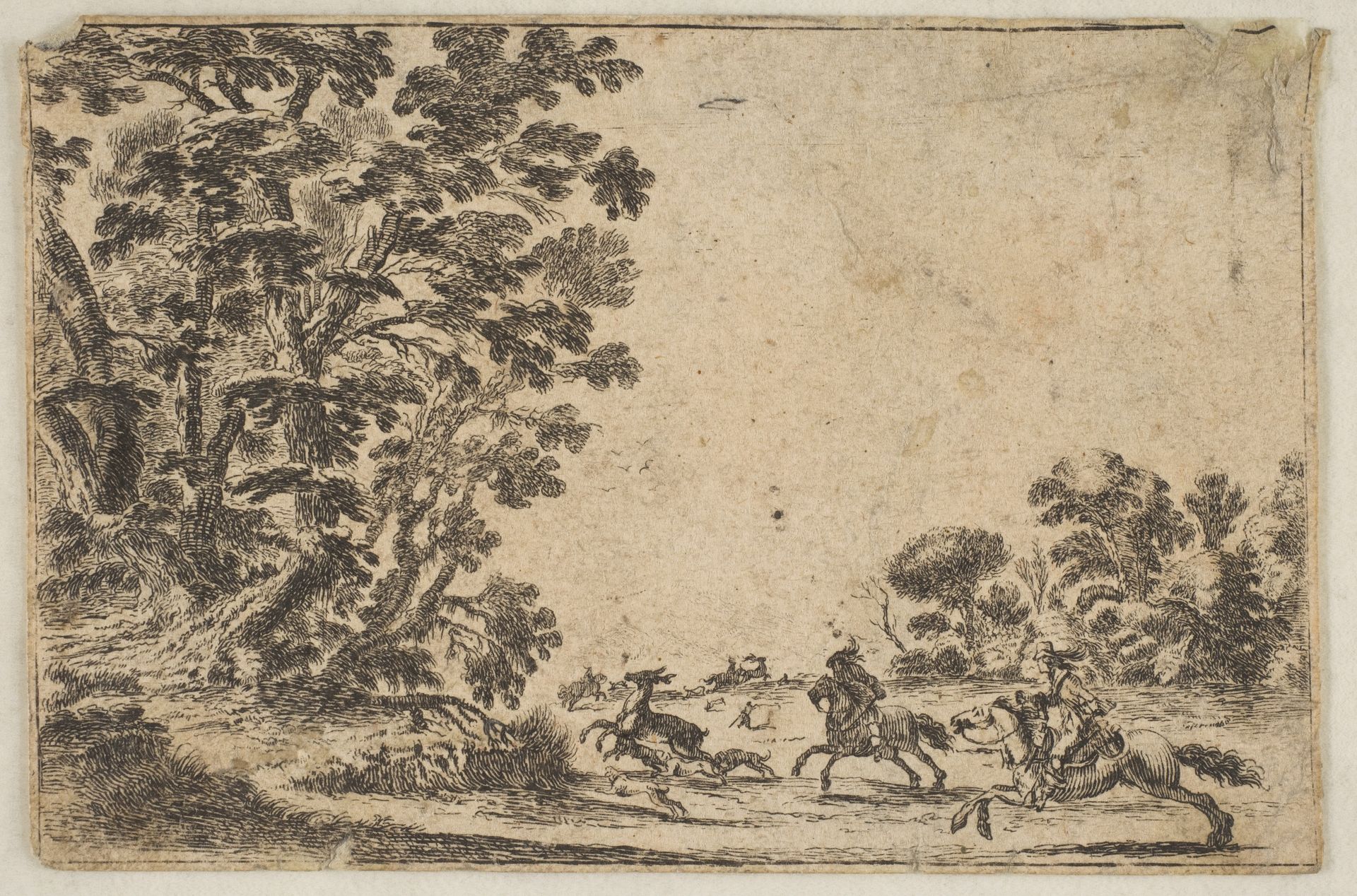 Plate 4: a deer hunt, two horsemen galloping towards the rightbehind three dogs and a deer, a group of trees to left, from "Various Figures" (Agréable diversité de figures) by Stefano della Bella