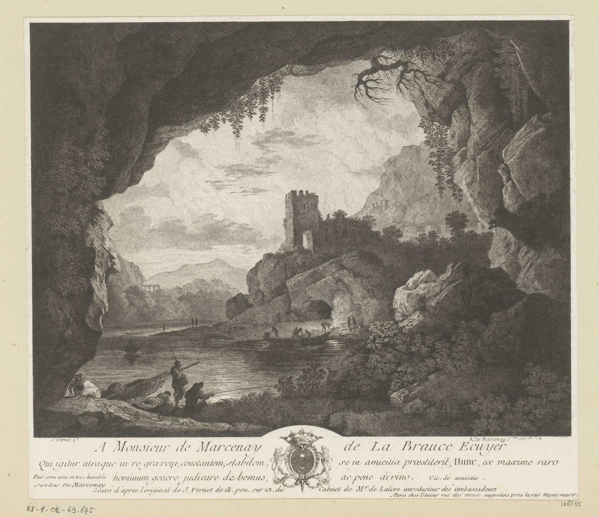 Rivierlandschap bij maanlicht, gezien vanuit een grot by Antoine de Marcenay de Ghuy