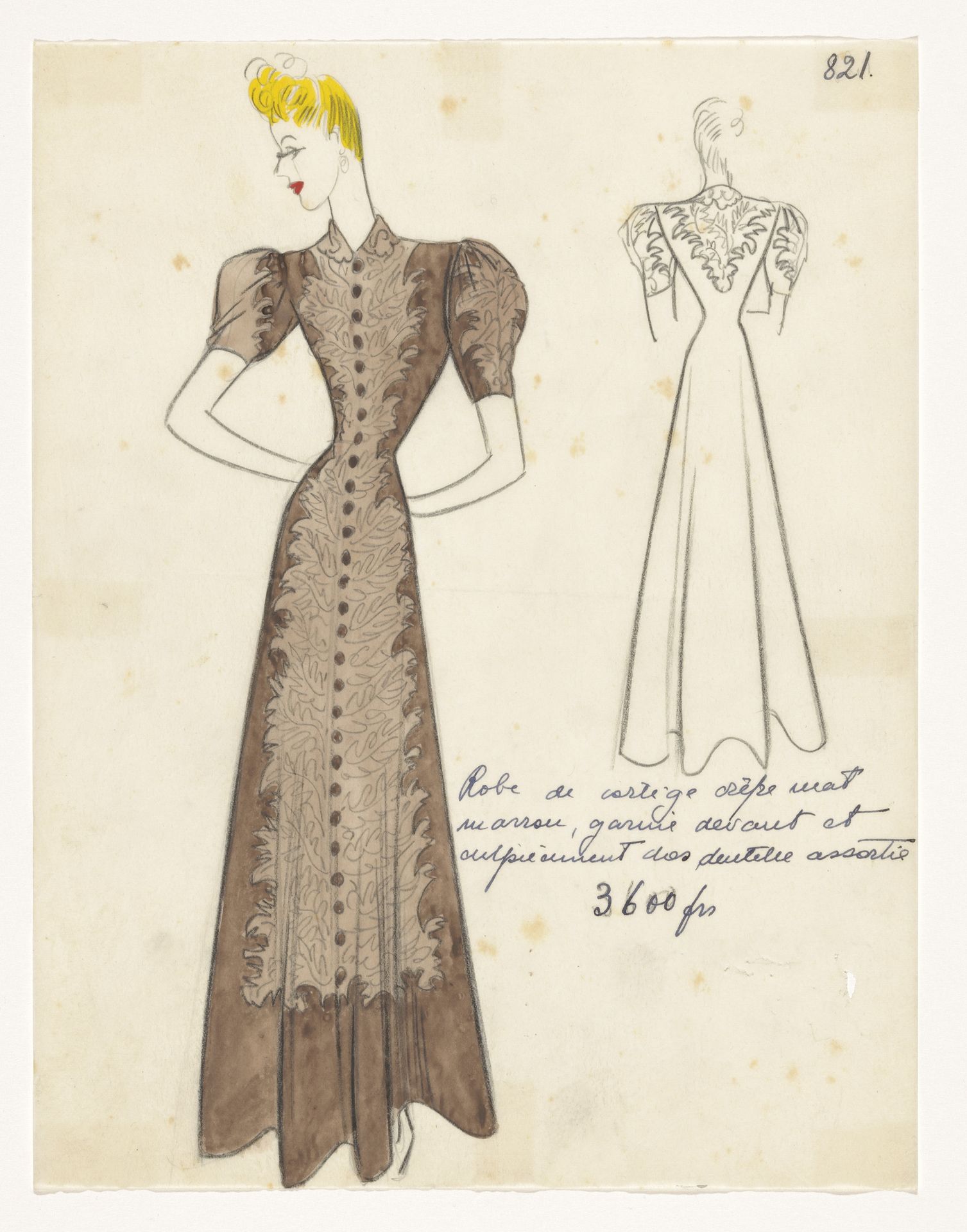 Robe de cortège crêpe mat marron, garnie devant et empiècement dos dentelle assortie. by Jean Dessès