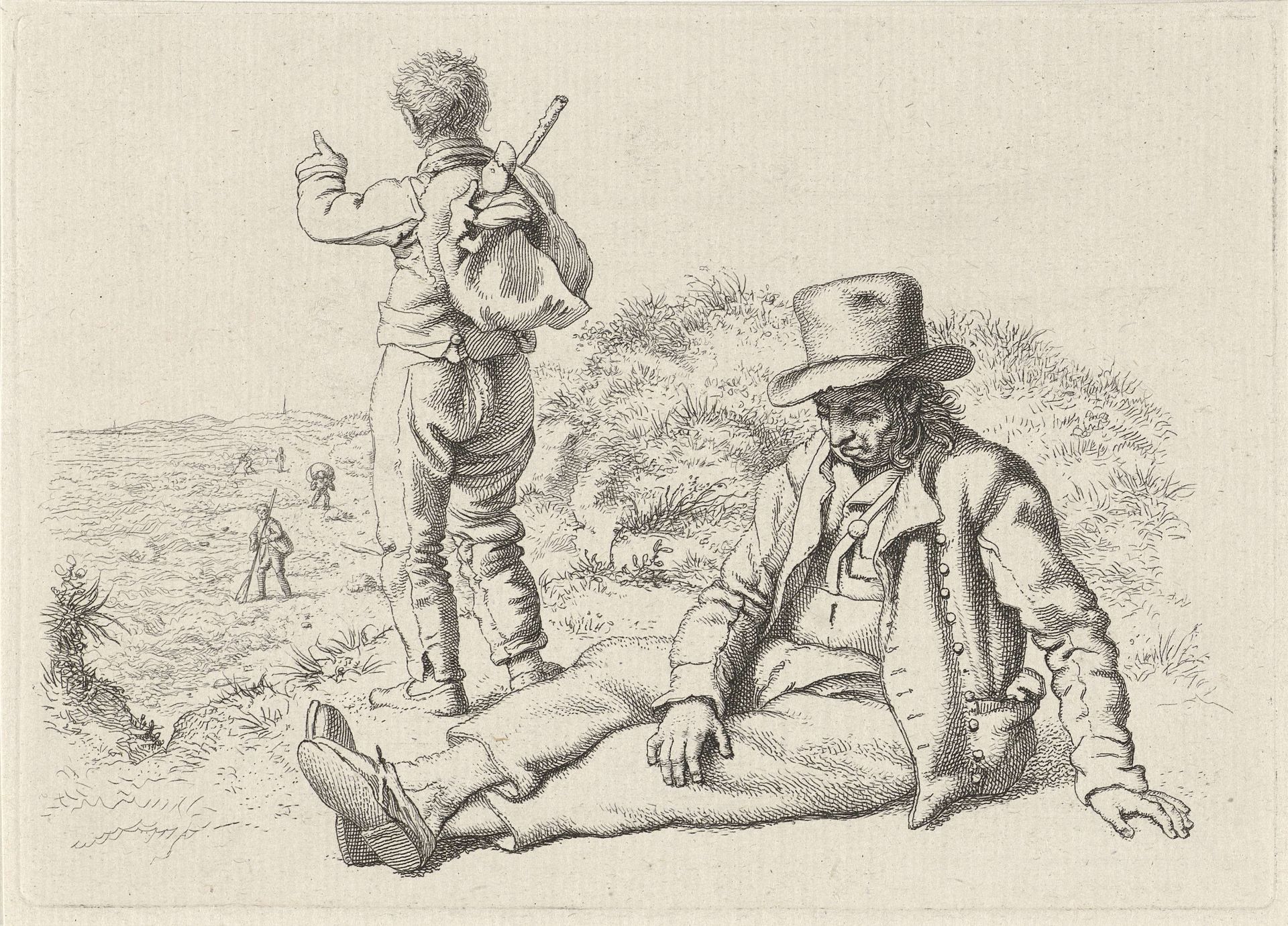Zittende en een staande man aan een strand by Jacob Ernst Marcus