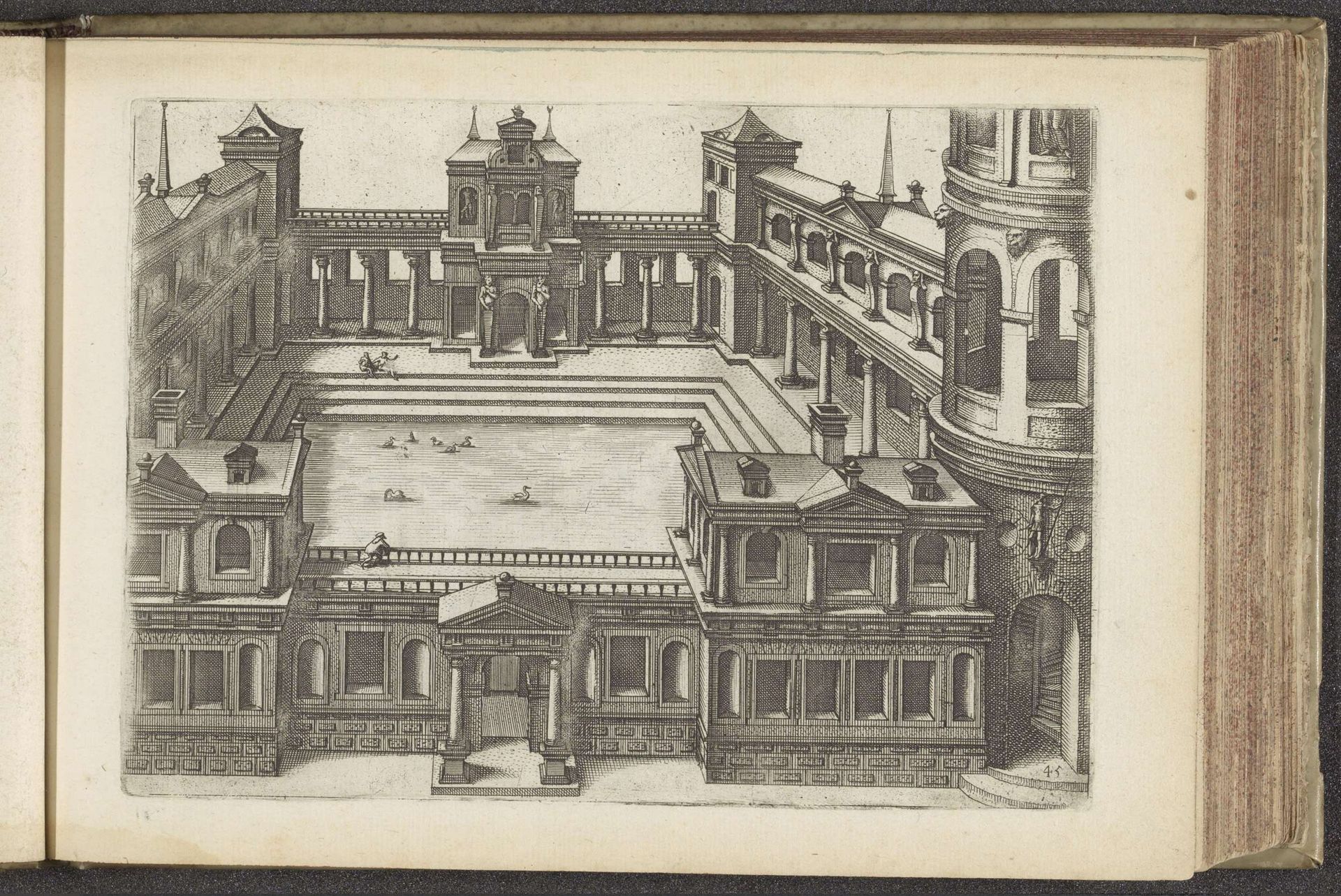 Binnenplaats met vierkante eendenvijver by Johannes of Lucas van Doetechum