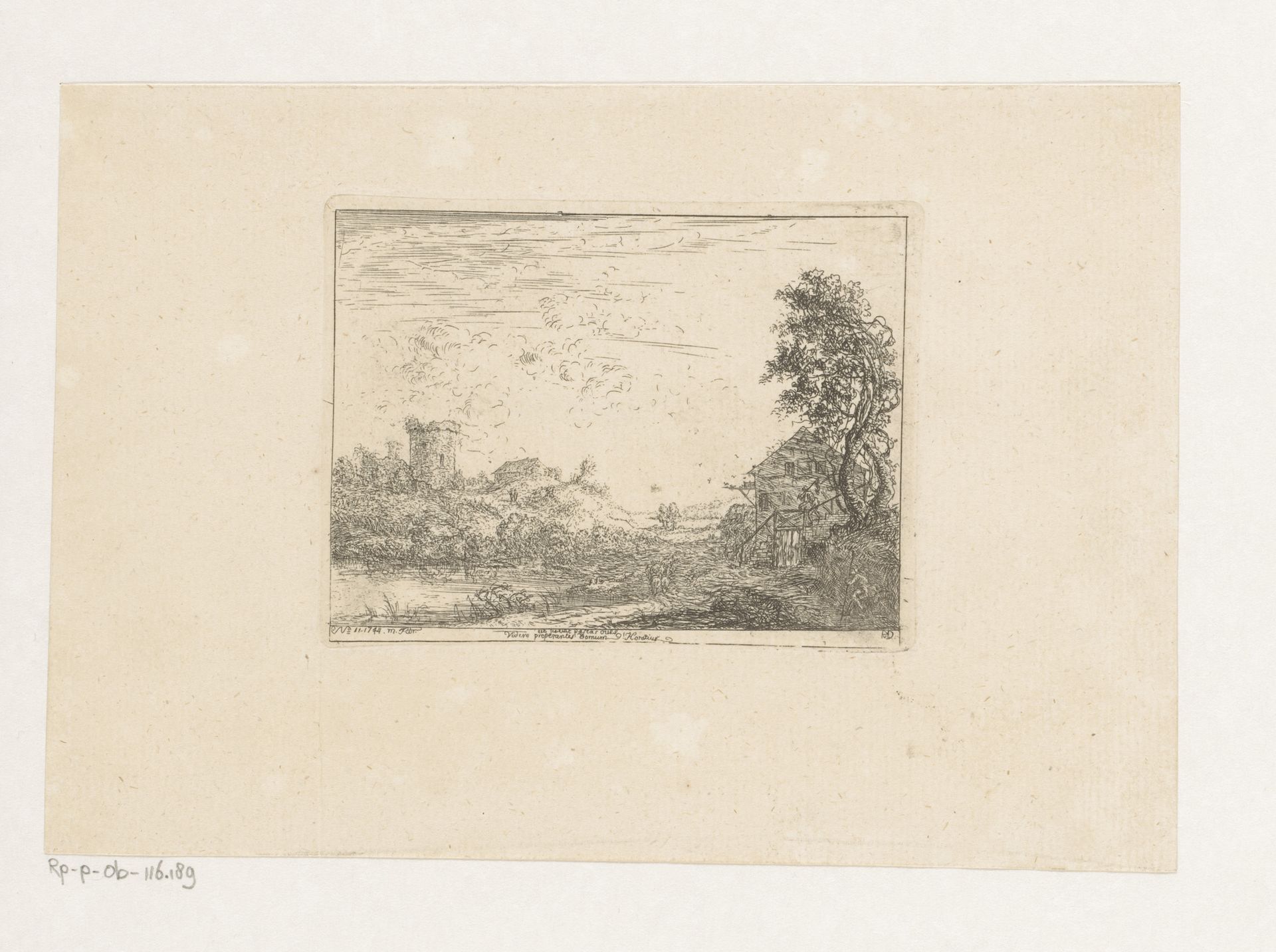 Landschap met boerderij aan een rivier en toren in de verte by Christian Ludwig von Hagedorn