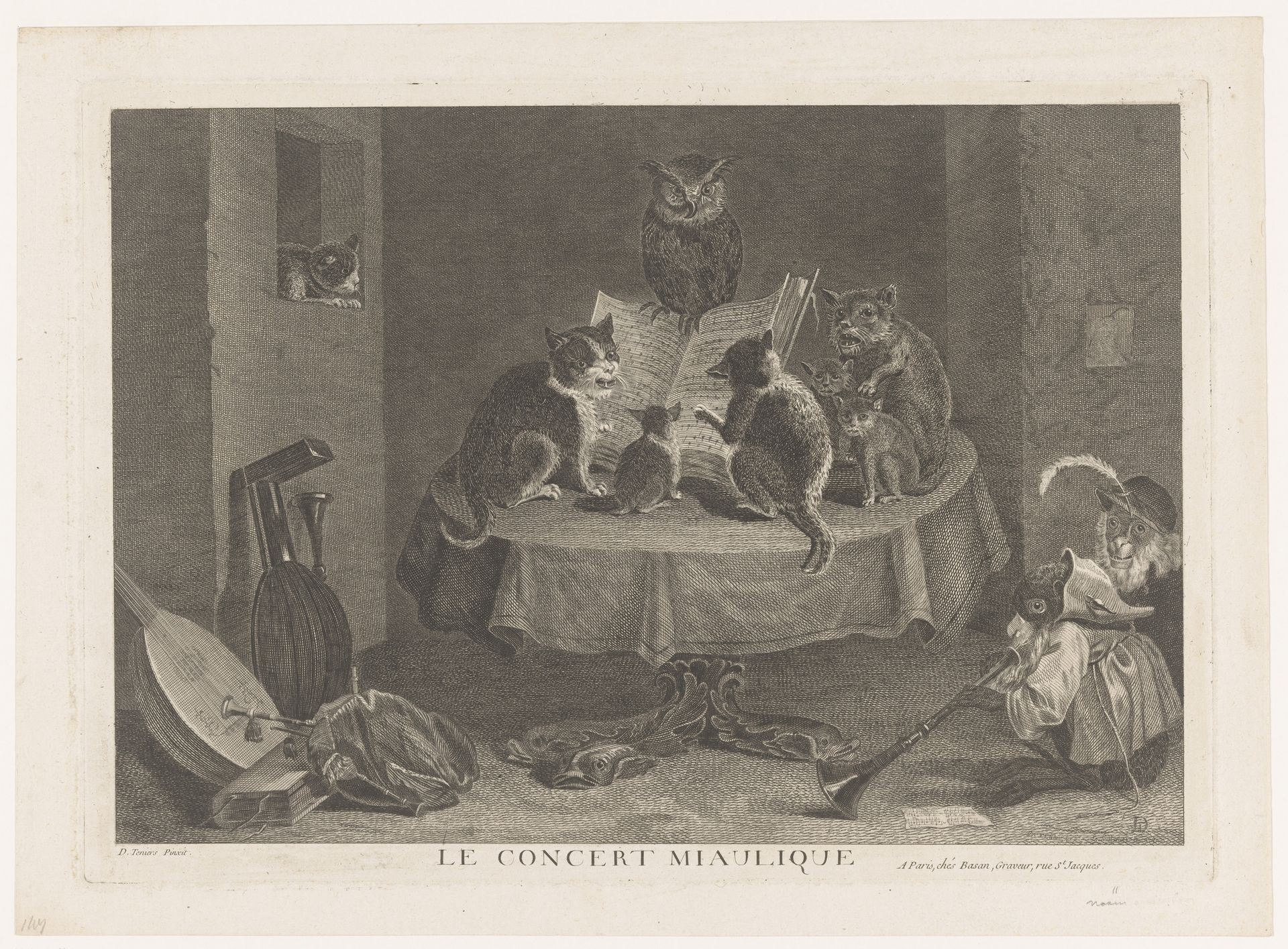 Zingende katten gedirigeerd door een uil by Louis Le Mire