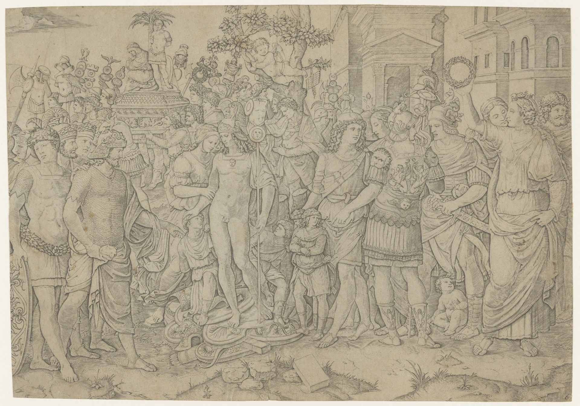 Triomftocht van Romeinse keizer met soldaten en buitgemaakte wapenrustingen, 70 by Marcantonio Raimondi