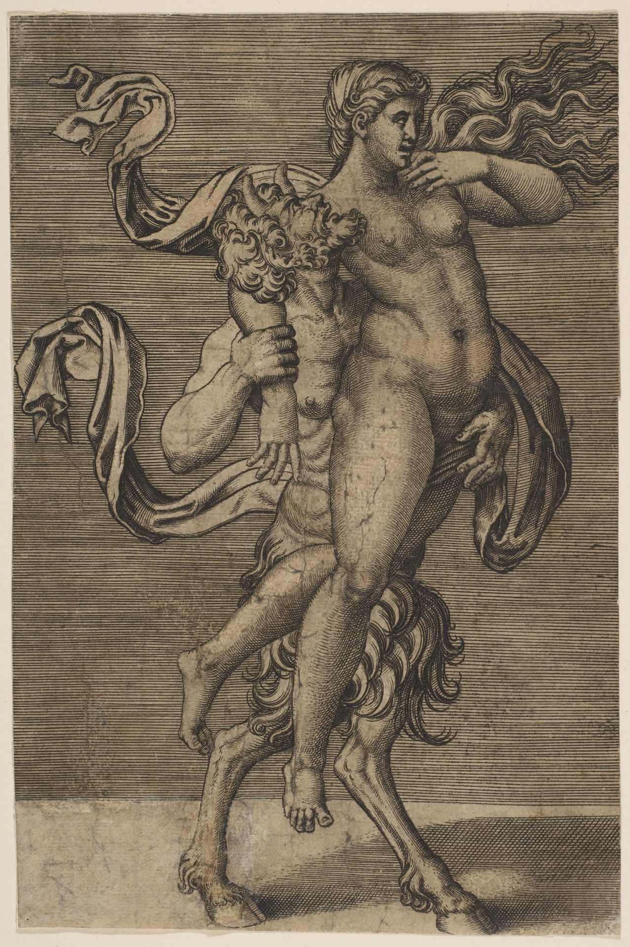 Satyr carrying a nymph restraining her right arm by Marco Dente