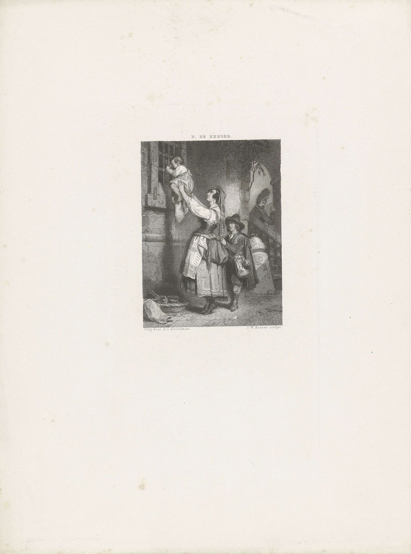 Een vrouw met kind bij een gevangenis by Johann Wilhelm (I) Kaiser