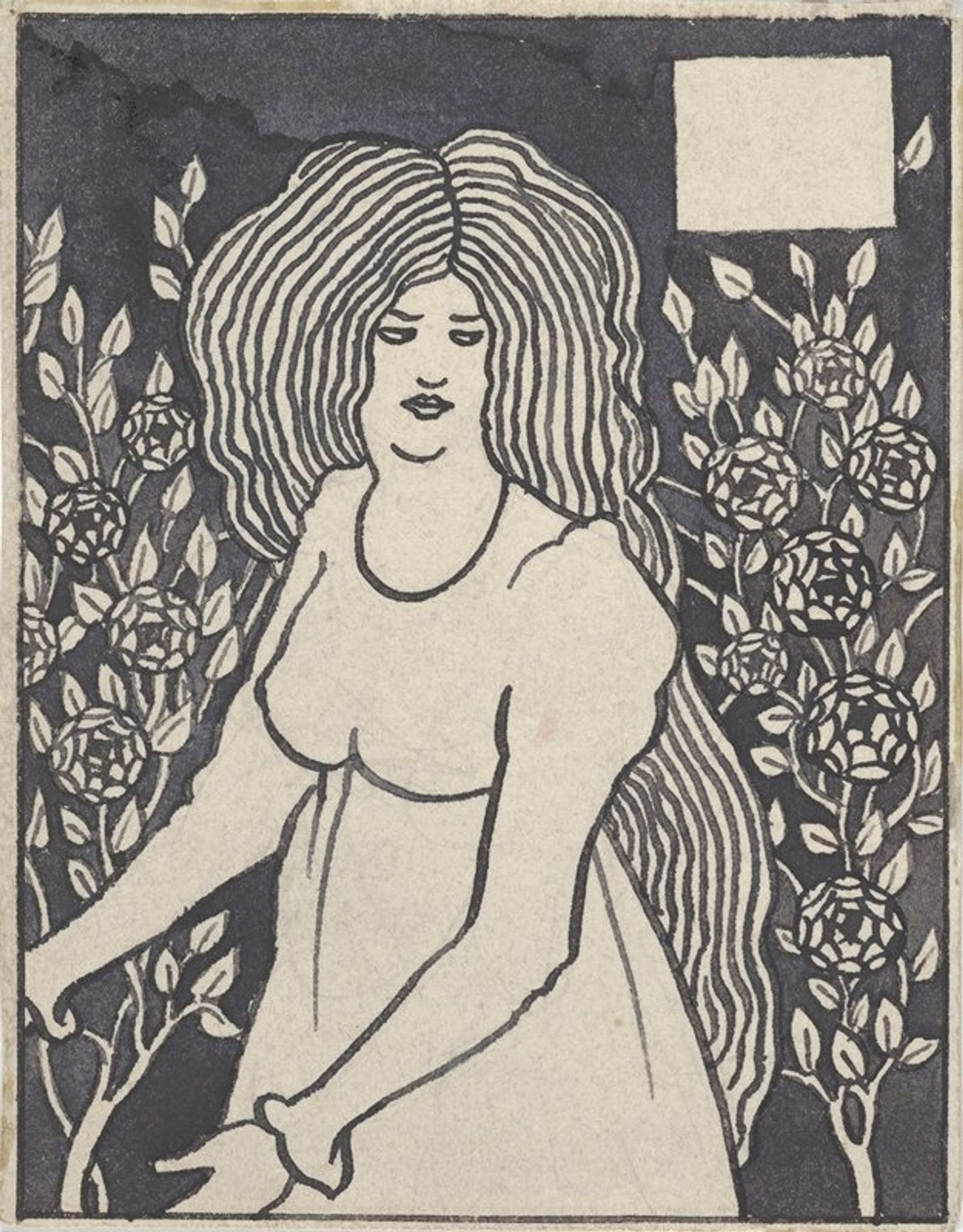 Long-haired Woman in Front of Tall Rosebushes by Aubrey Vincent Beardsley
