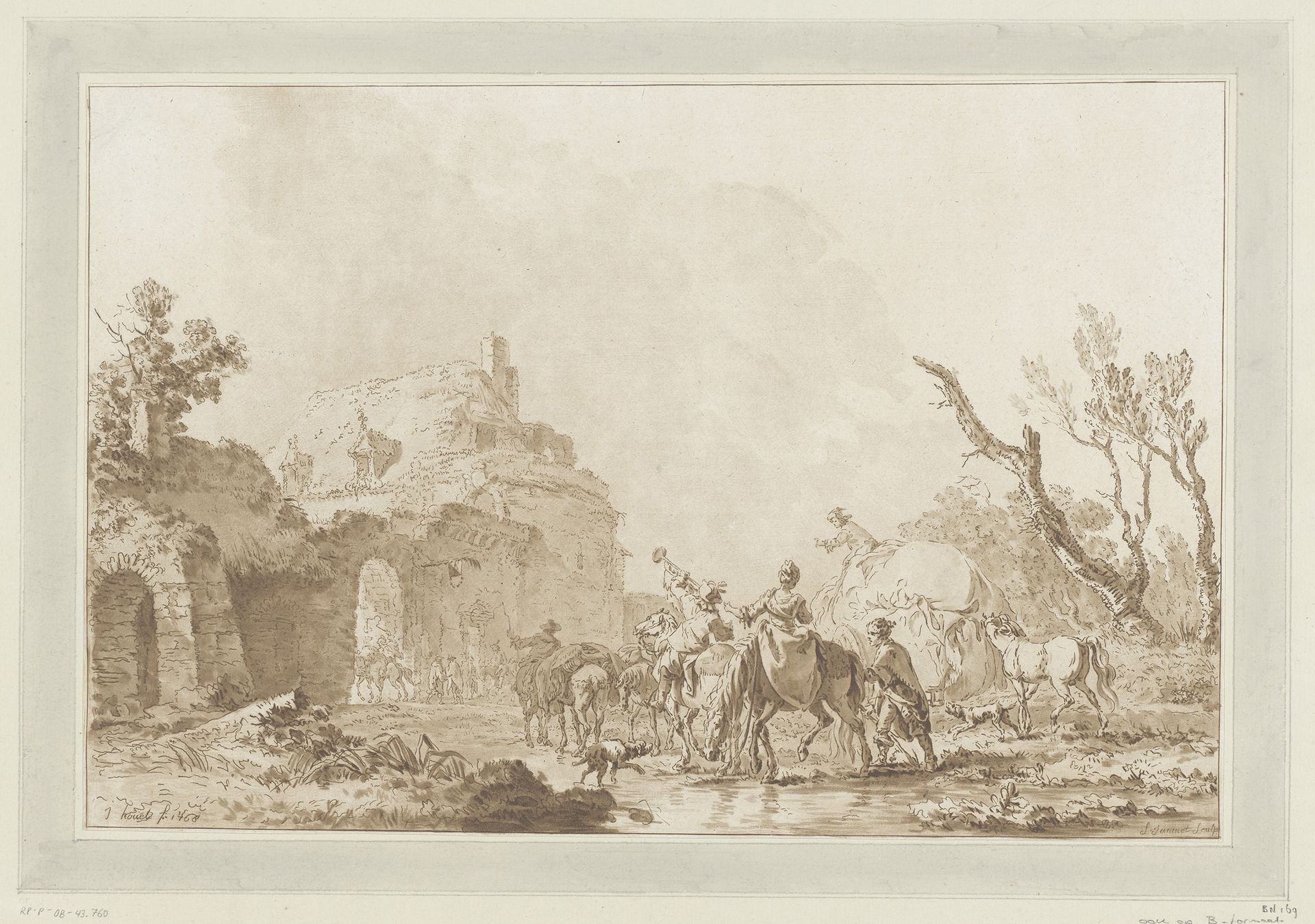 Landschap met ruiters bij een poort by Jean François Janinet