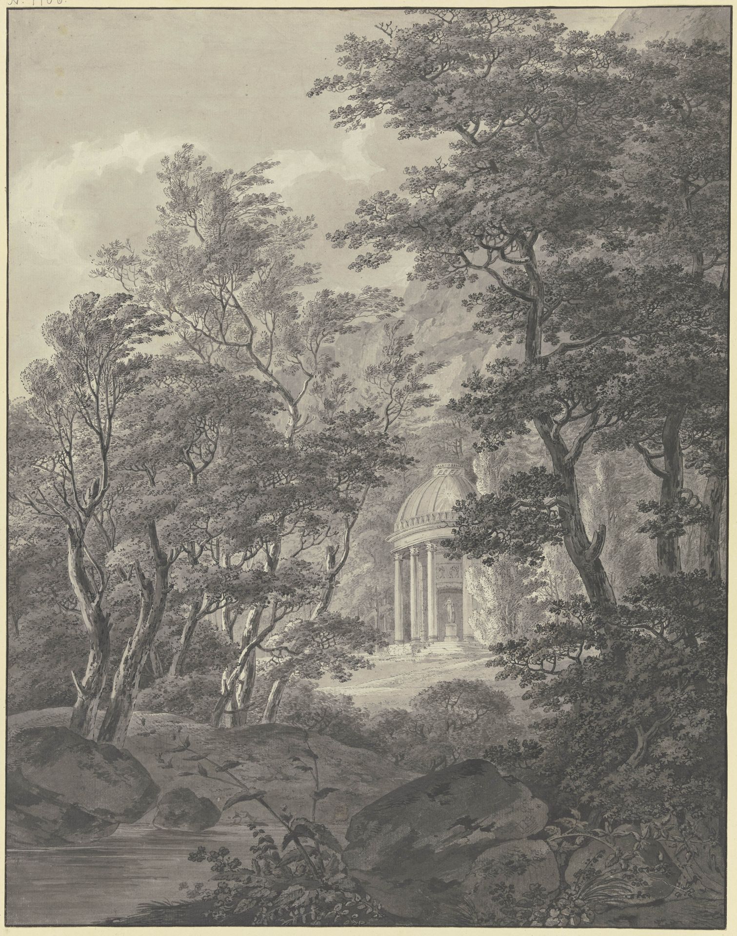Blick durch die Bäume eines Parks auf ein klassizistisches Tempelchen by Johann Heinrich Troll