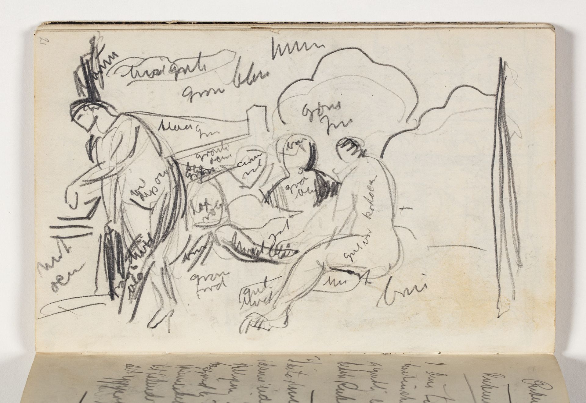 Studie med farveangivelser efter Tizians "Landlig koncert" (Concert Champetre), Louvre, Paris by J.A. Jerichau (II)