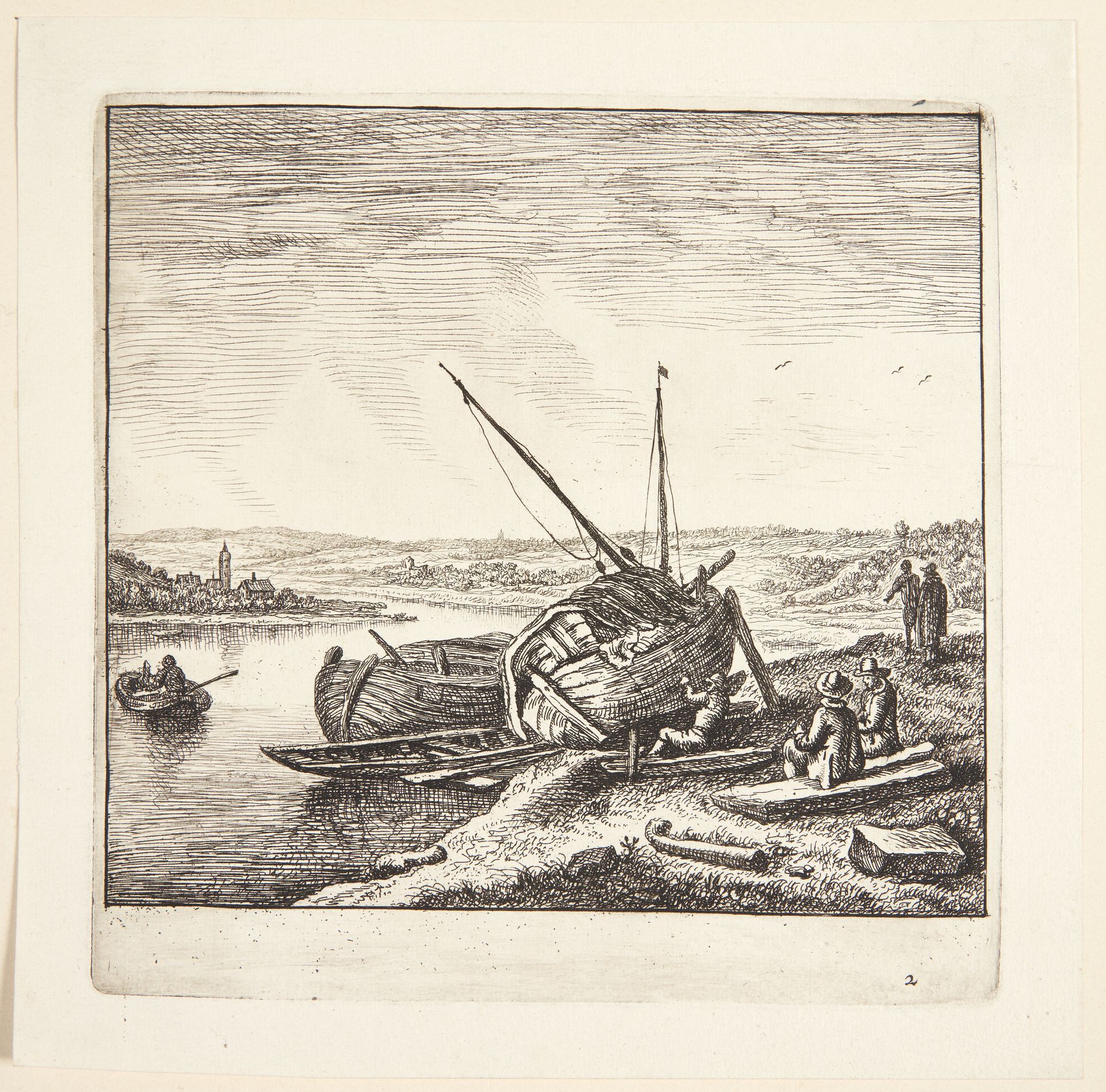 Prospekt af Rhinen, t.h. en båd, der kalfatres by Jan van Almeloveen