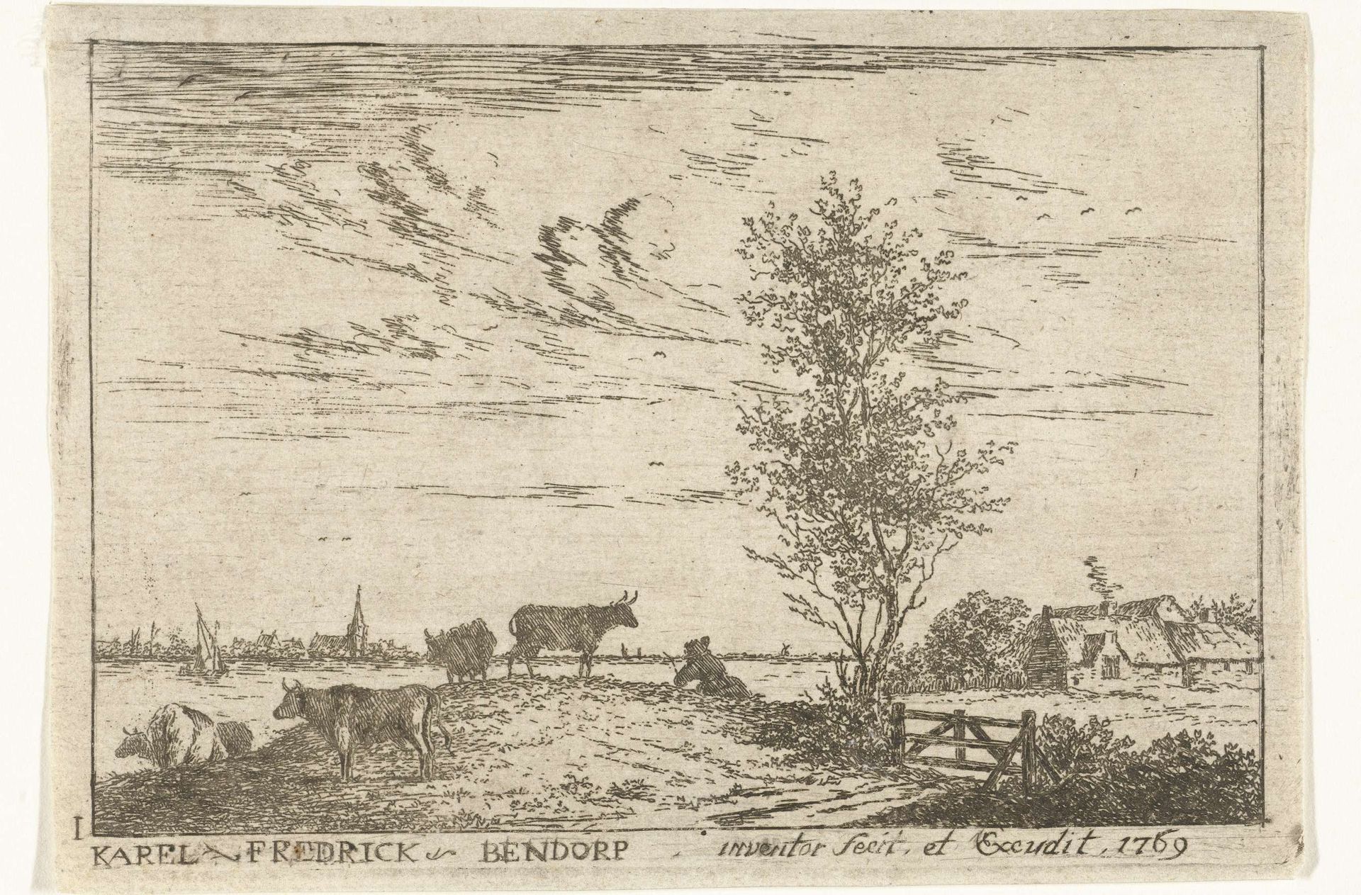 Titelprent met rivierlandschap met koeien by Carel Frederik (I) Bendorp