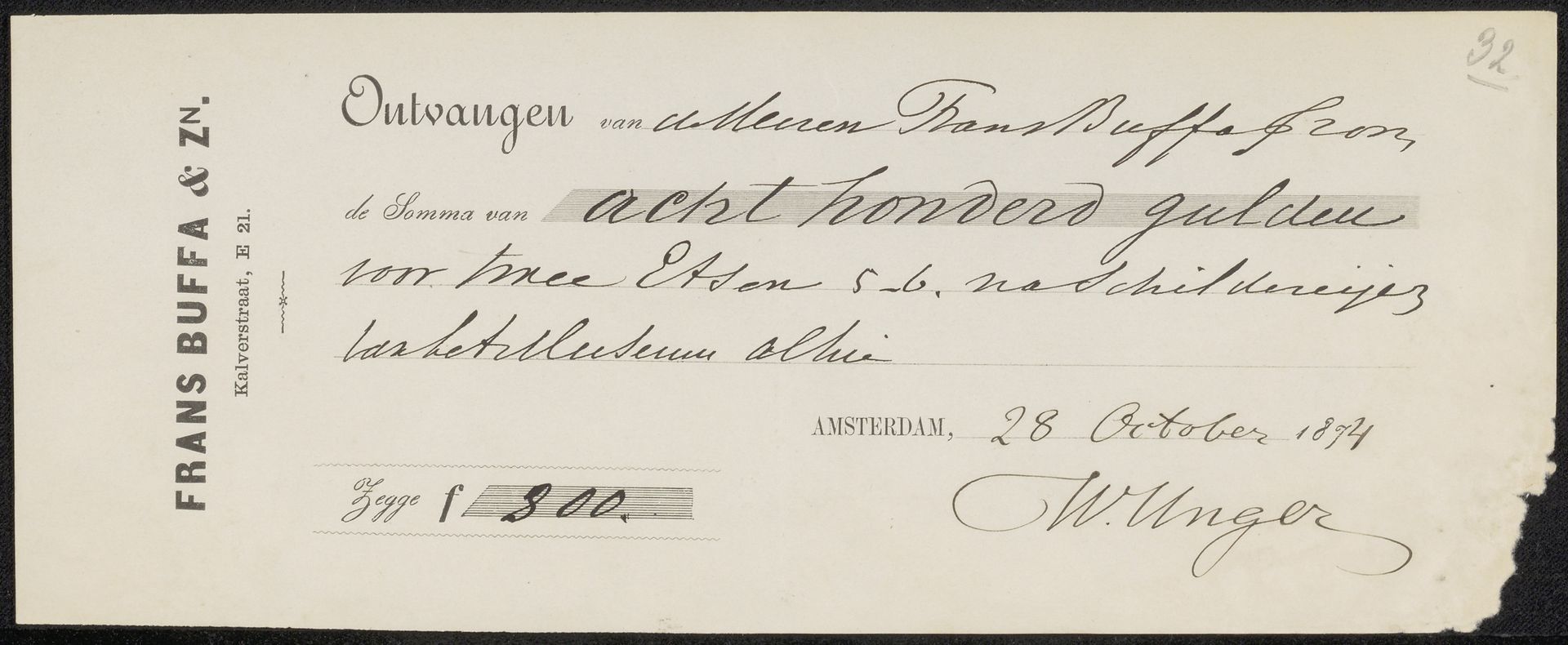 Kwitantie voor William Unger by Frans Buffa en Zonen