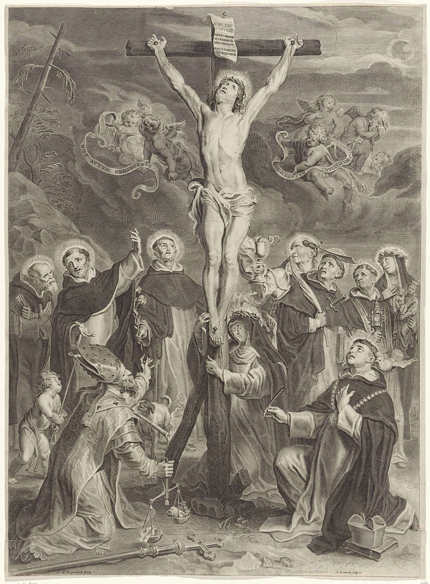 Christus aan het kruis met Maria en heiligen by Adriaen Lommelin
