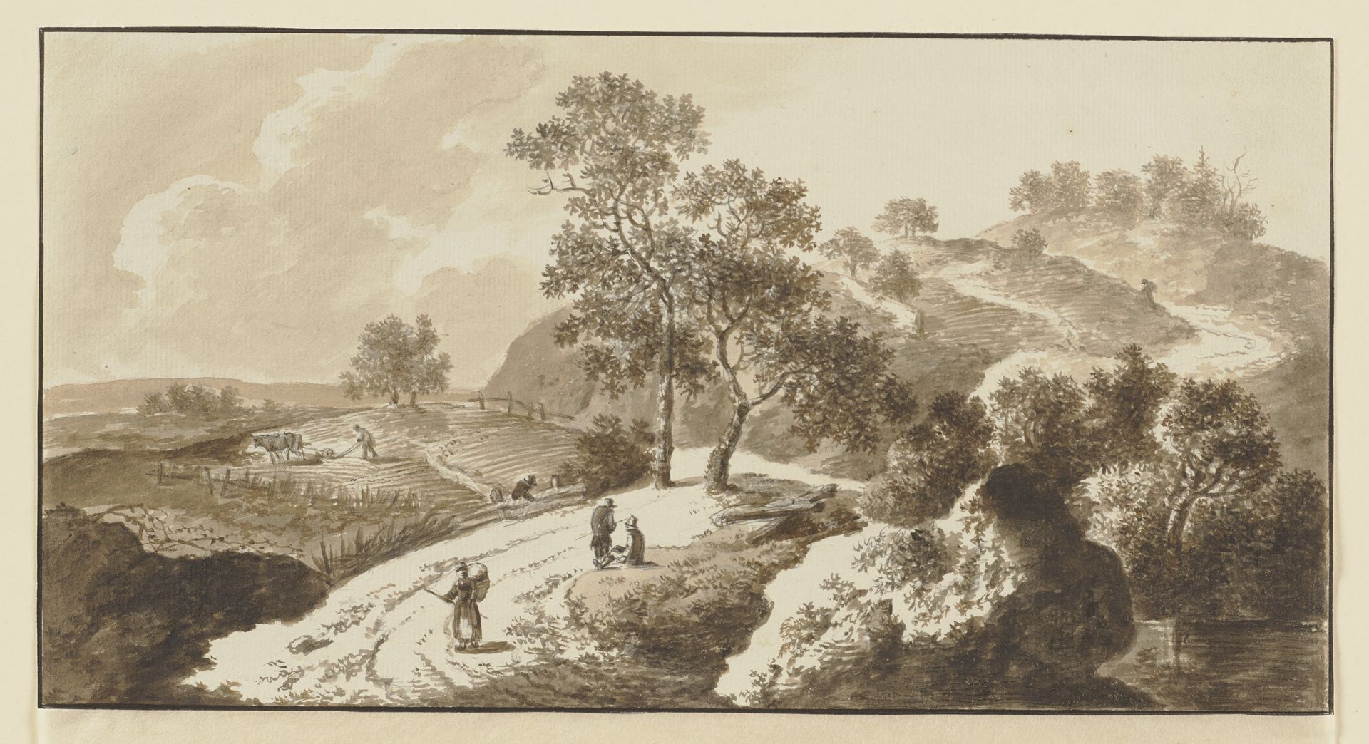 Bewaldete Anhöhe hinter einem Acker, Staffagefiguren auf dem Weg und dem Feld by Johann Alexander Thiele