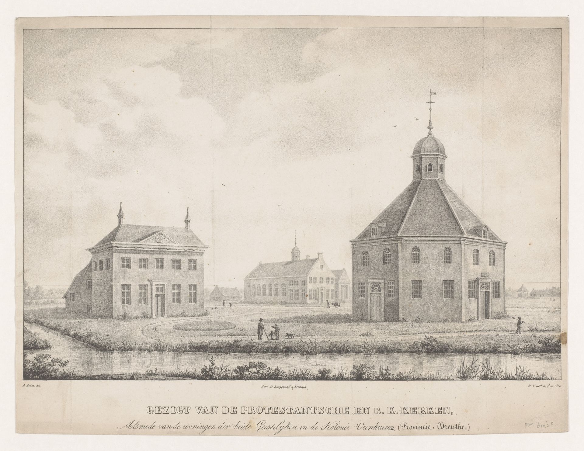 Gezicht op de kerken en bijhorende woningen in de kolonie Veenhuizen by Alexandre Joseph Boens