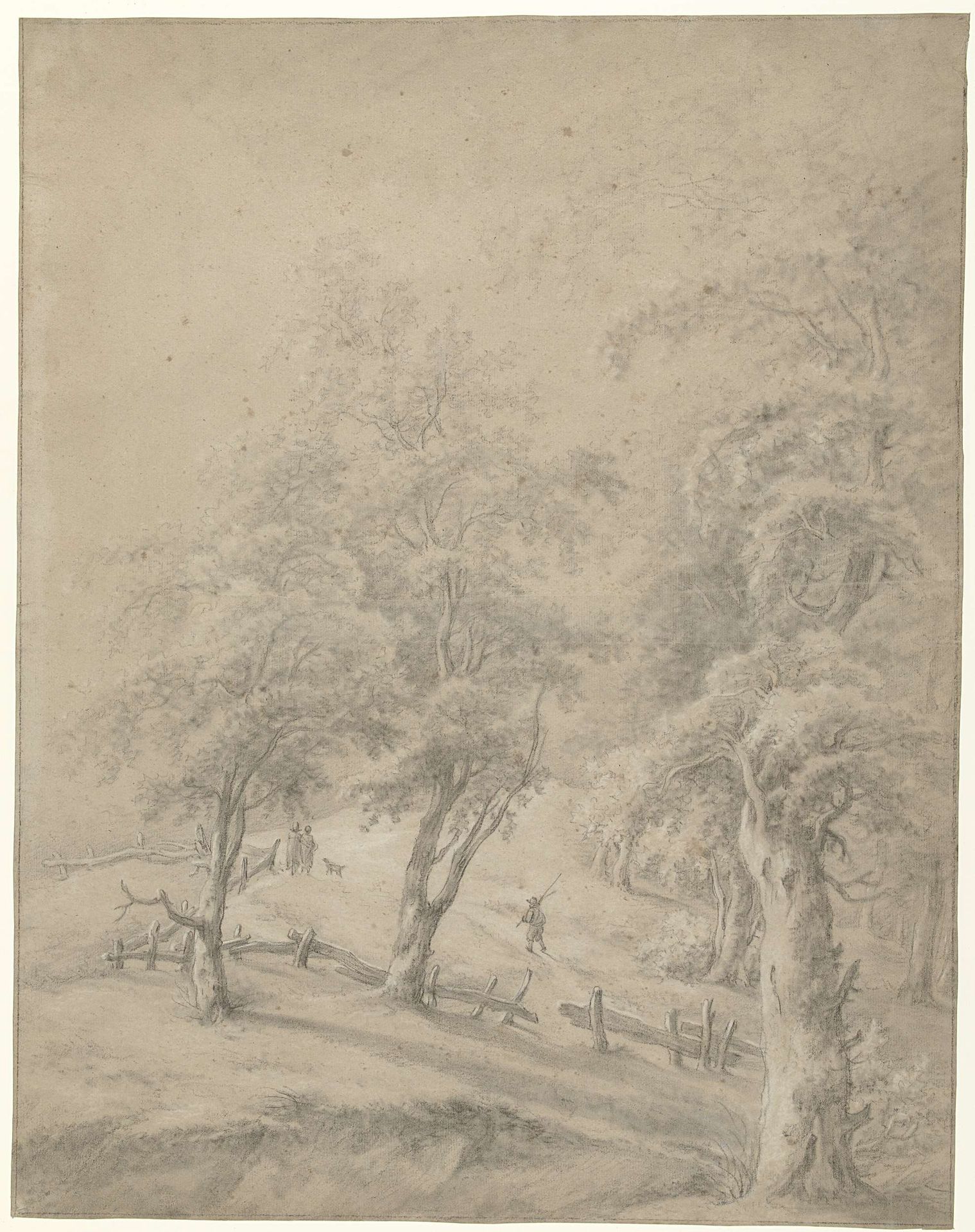 Landschap met enkele figuren op een weg achter een hek by Anonymous