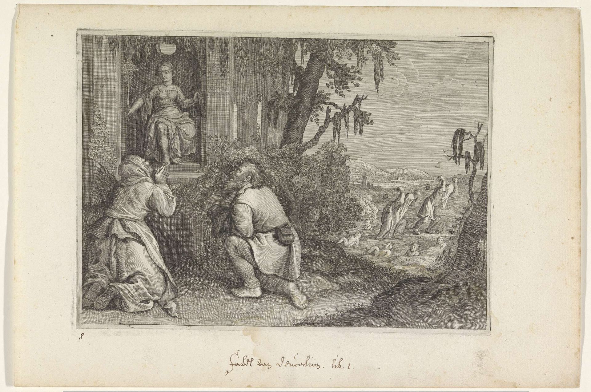 Deucalion en Pyrrha scheppen een nieuw mensenras by Crispijn van de (II) Passe