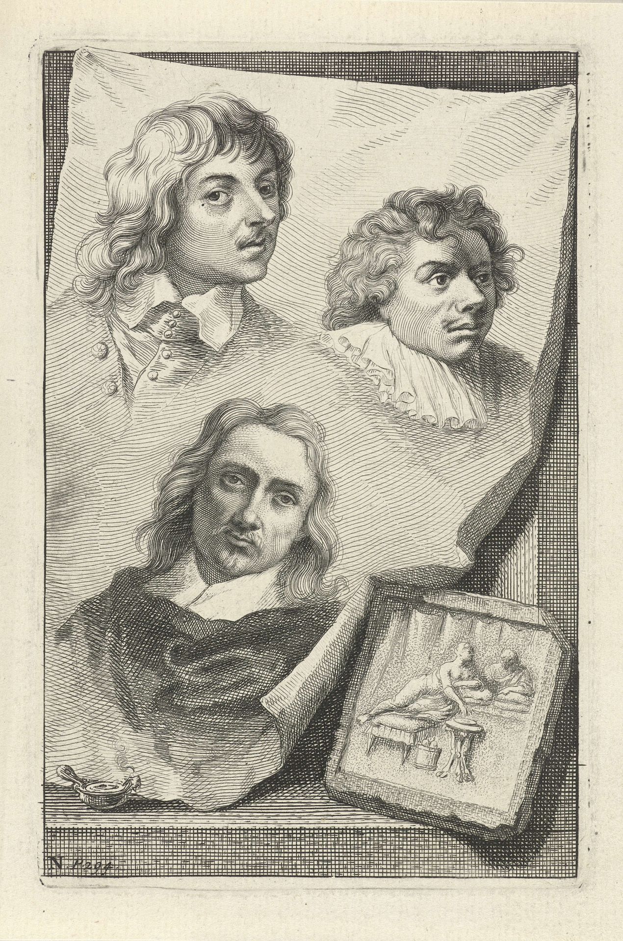 Portretten van Jan Lievens, Anthonie Palamedesz. en Erasmus Quellinus by Jacob Houbraken