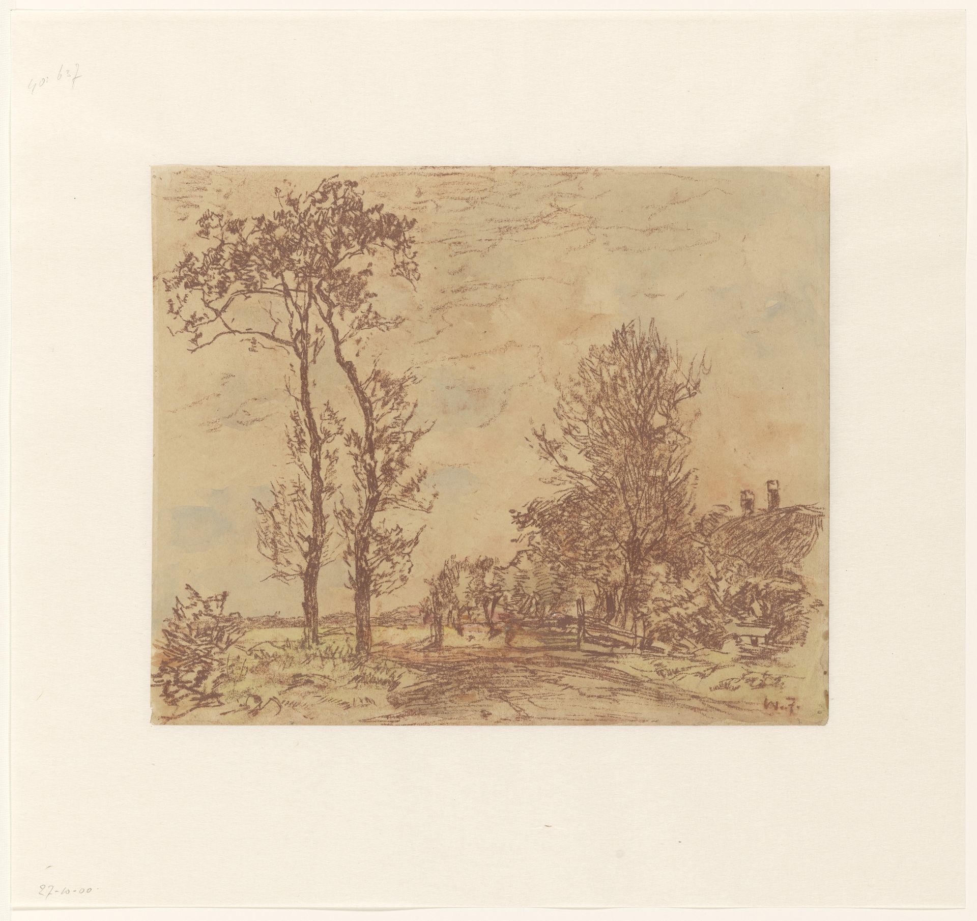 Landweg met bomen, rechts een boerderij by Willem de Zwart