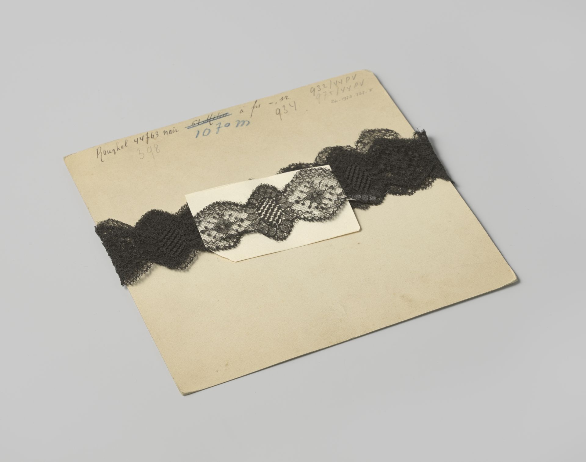 Strook dubbelzijdig geschulpte zwarte machinale kant, op karton by Gustav Schnitzler