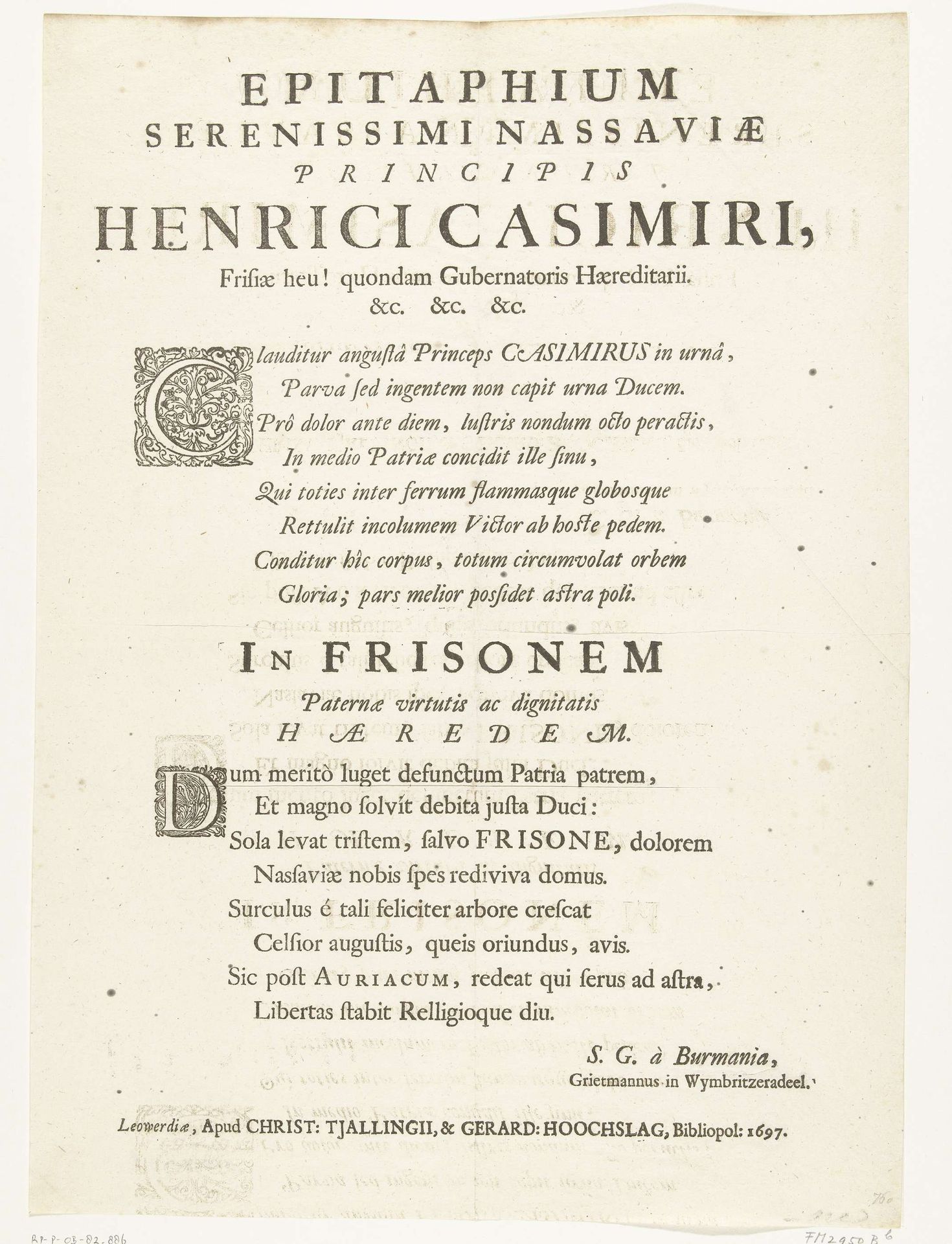 Epitaaf voor Hendrik Casimir II, graaf van Nassau-Dietz, 1697 by Karst Tjallings