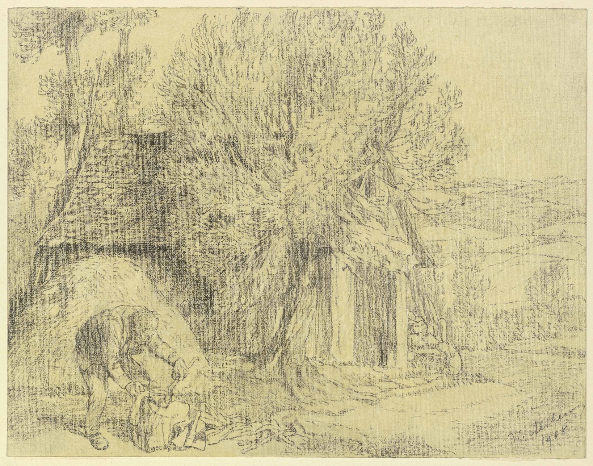 Bauer vor seinem Hause, Holz hackend by Wilhelm Altheim