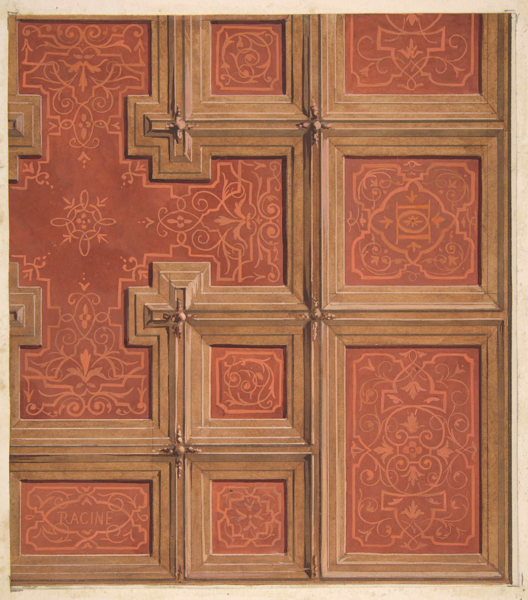 Design for the decoration of a coffered ceiling ornamented with the name "Racine" and entwined  letters: DD by Jules-Edmond-Charles Lachaise