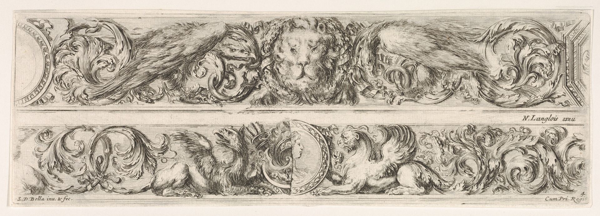 Two Designs for Friezes with Acanthus Scrolls, Each with a Variant, Plate 4 from: 'Decorative friezes and foliage' (Ornamenti di fregi e fogliami) by Stefano della Bella