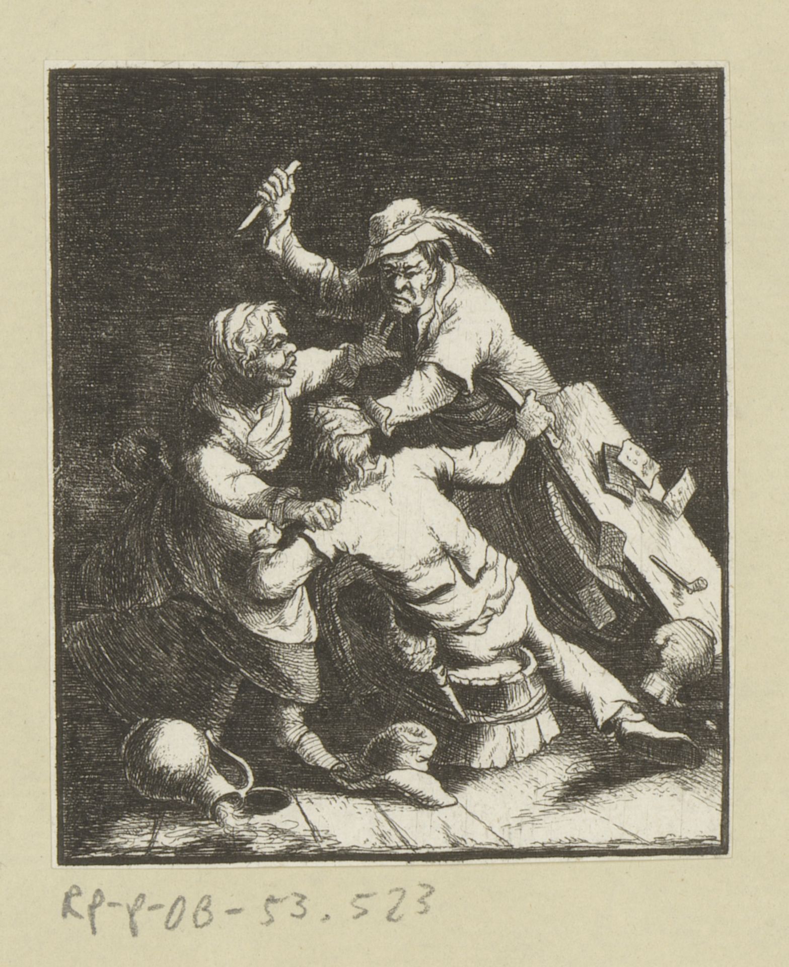 Twee vechtende mannen, een vrouw komt tussenbeide by Johann Andreas Benjamin Nothnagel