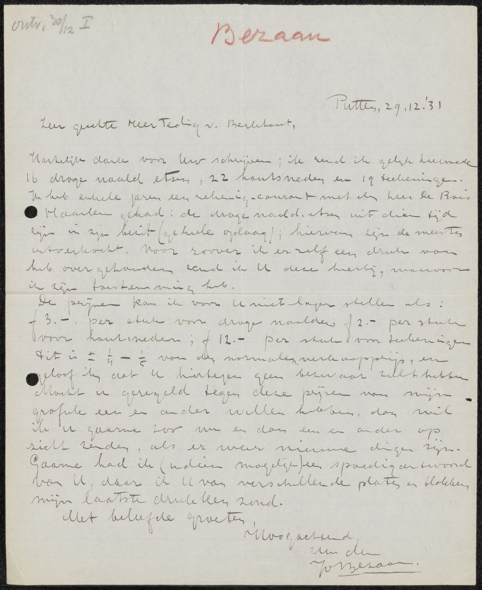 Brief aan jonkheer Hendrik Teding van Berkhout (1879-1969) by Jo Bezaan