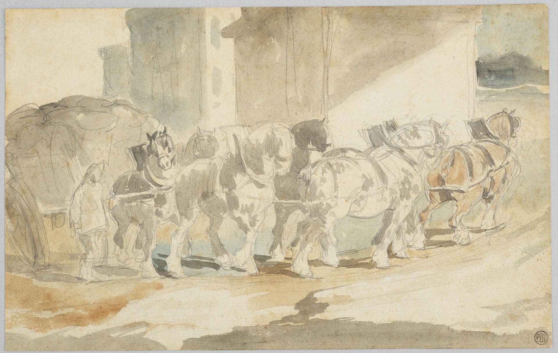 Coal Wagon Hauled by Seven Horses; verso: Sketches of horses and a cart by Théodore Géricault