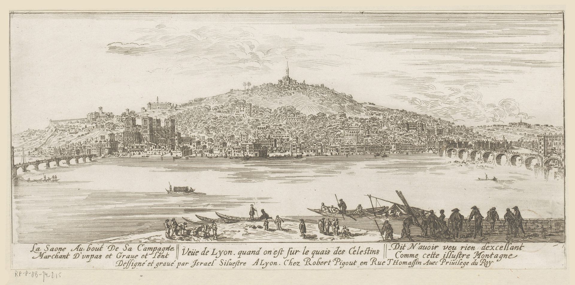 Gezicht op Lyon vanaf de oever bij het celestijnenklooster by Israel Silvestre