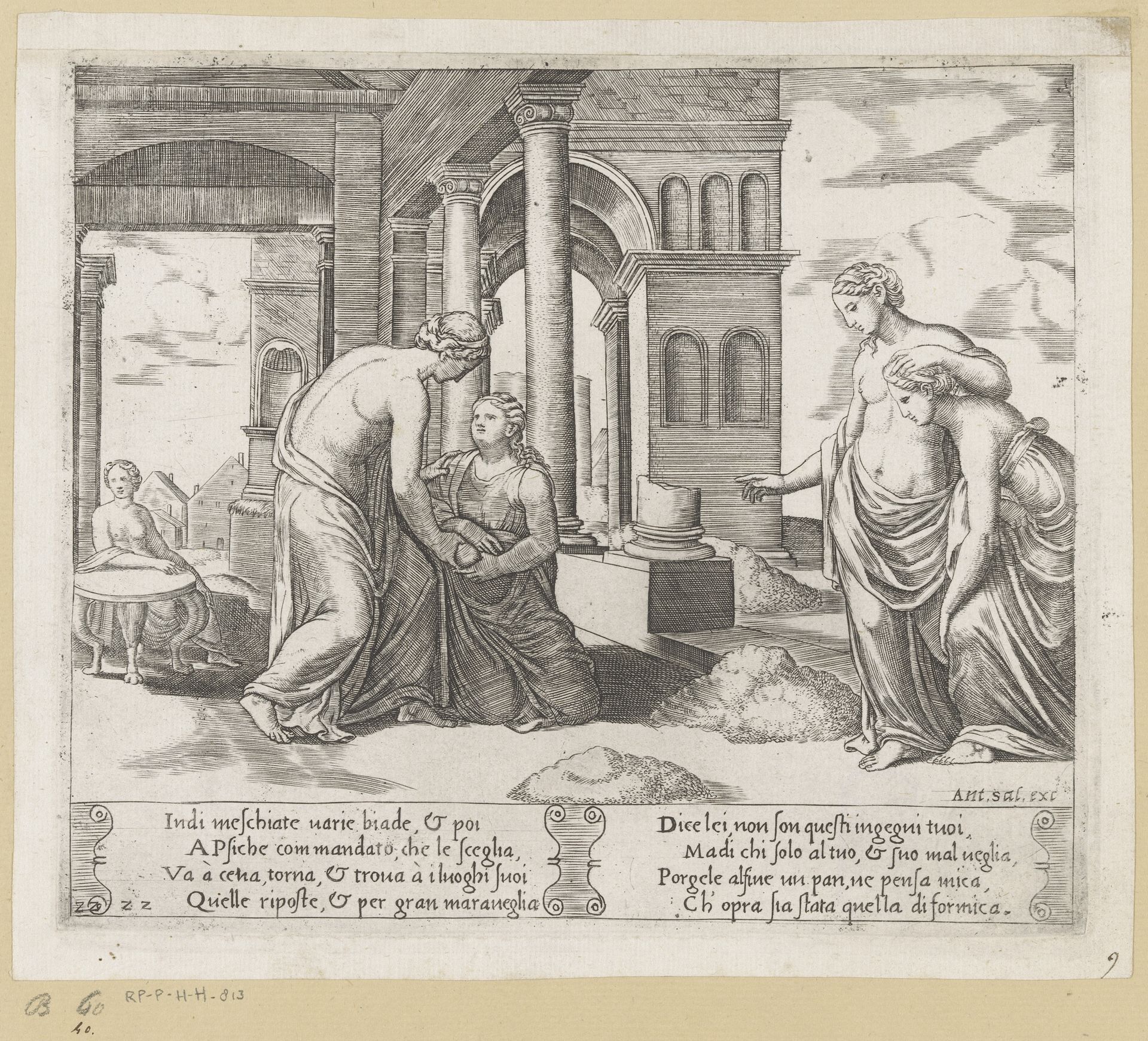 Venus draagt Psyche op graan te sorteren by Meester van de Dobbelsteen