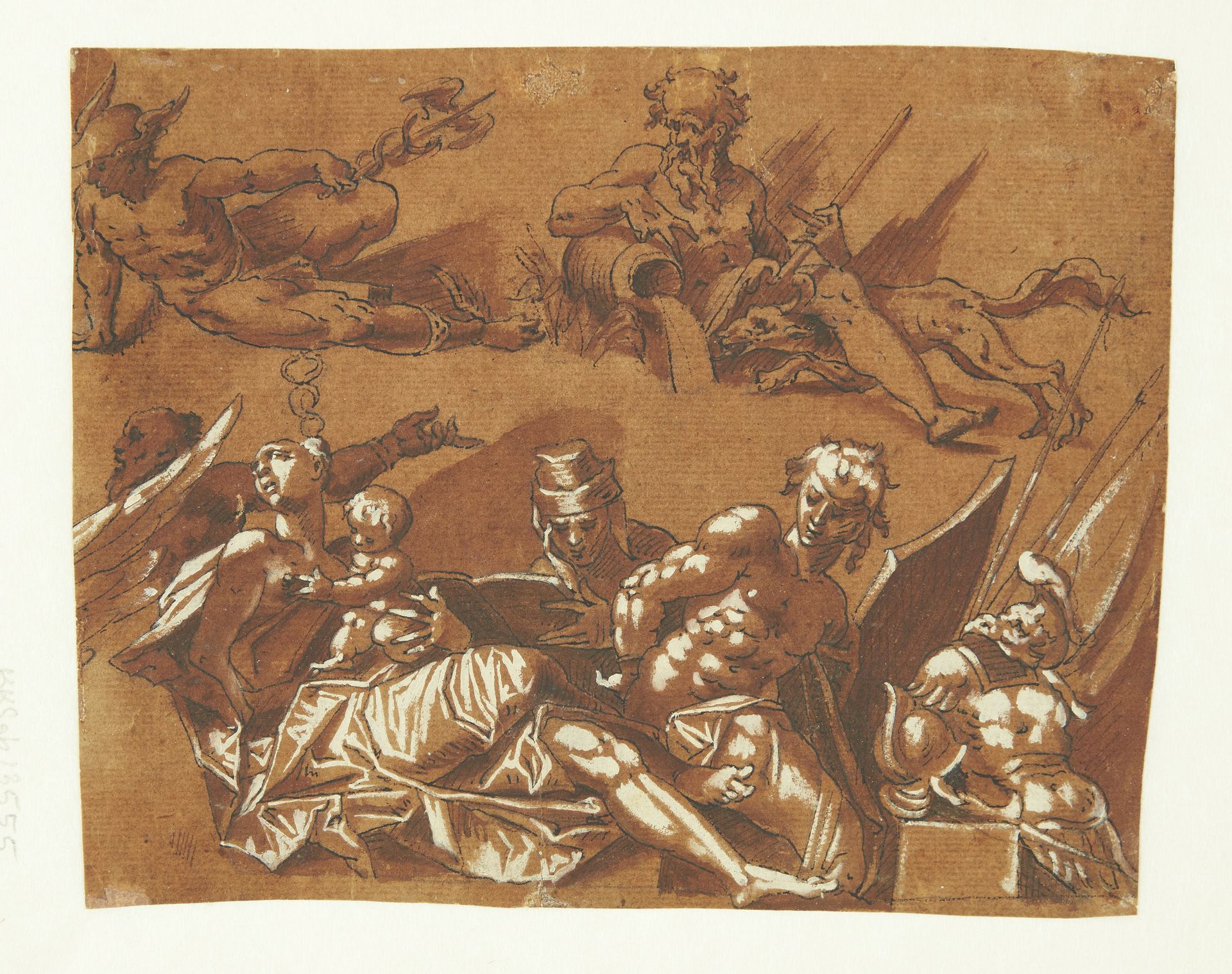 Fragmentarisk blad med elementer fra en loftsdekoration. For oven: Merkur og Pluto. For neden kvinde med barn, en læsende mand og en bagbunden slave? og en rustning. by Anonymous