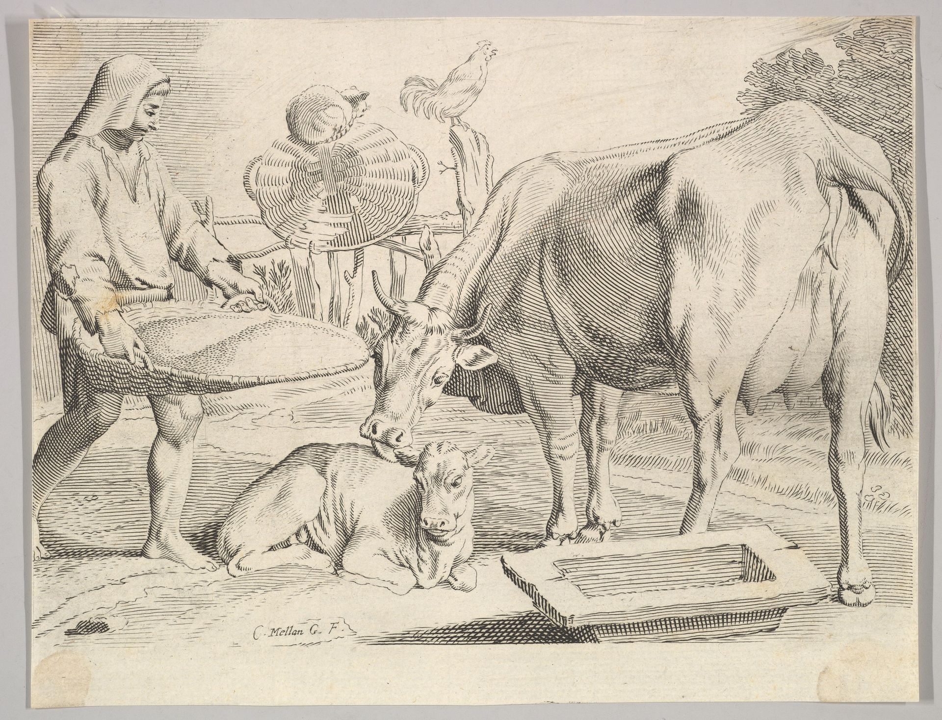 Country Scene with a Peasant, Cow and Calf by Claude Mellan