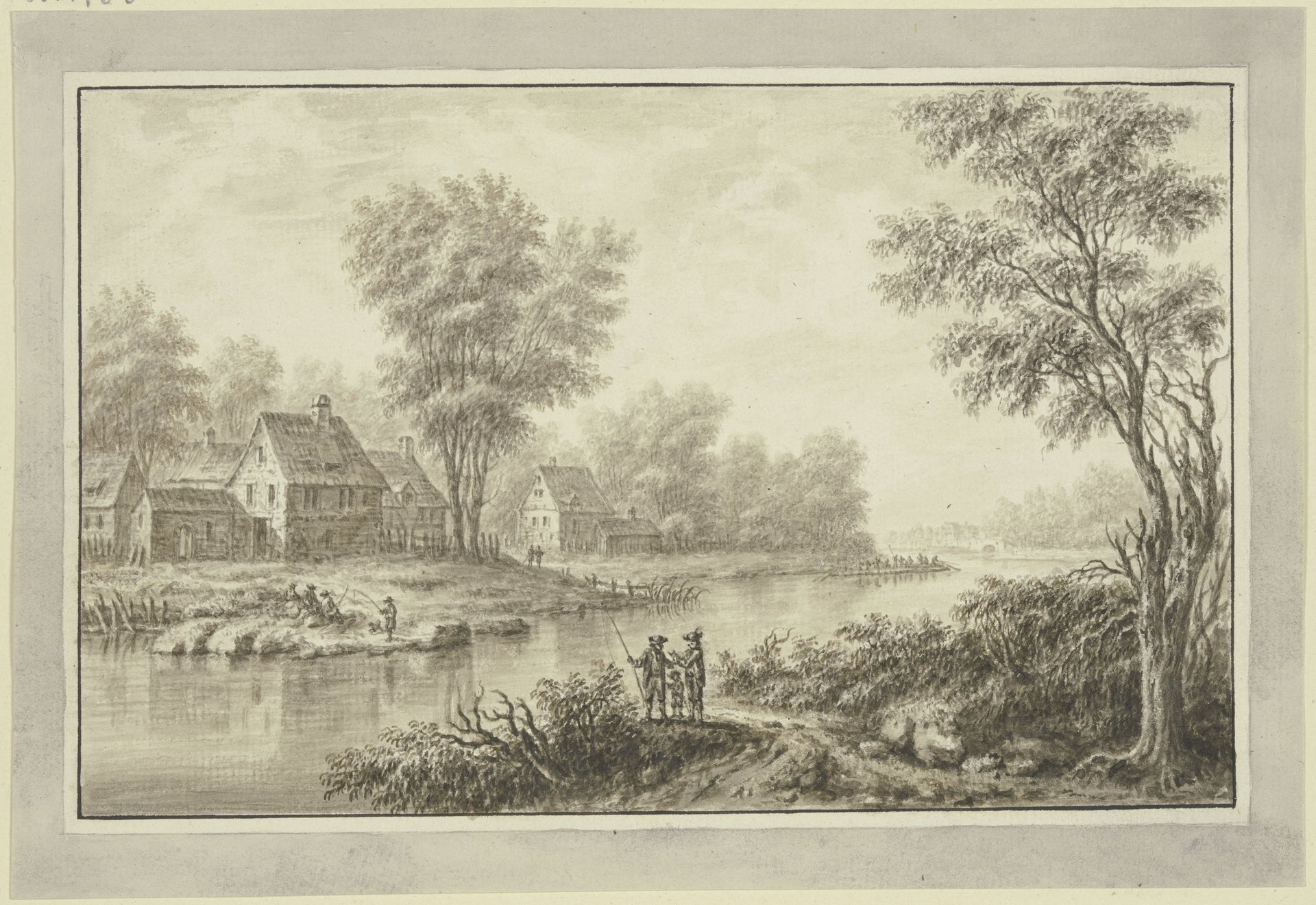 Blick auf einen Fluß, am linken Ufer eine Häusergruppe unter Bäumen, im Vordergrund eine Anglergruppe by Johann Caspar Zehender
