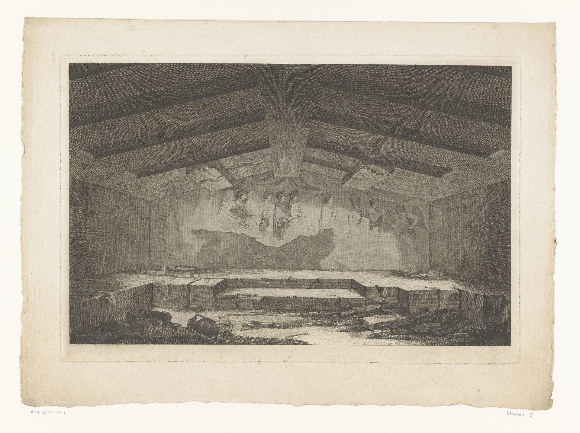 Etruskische grafkamer in Tarquinia met op de achterwand een muurschildering met een processie by Christopher Norton
