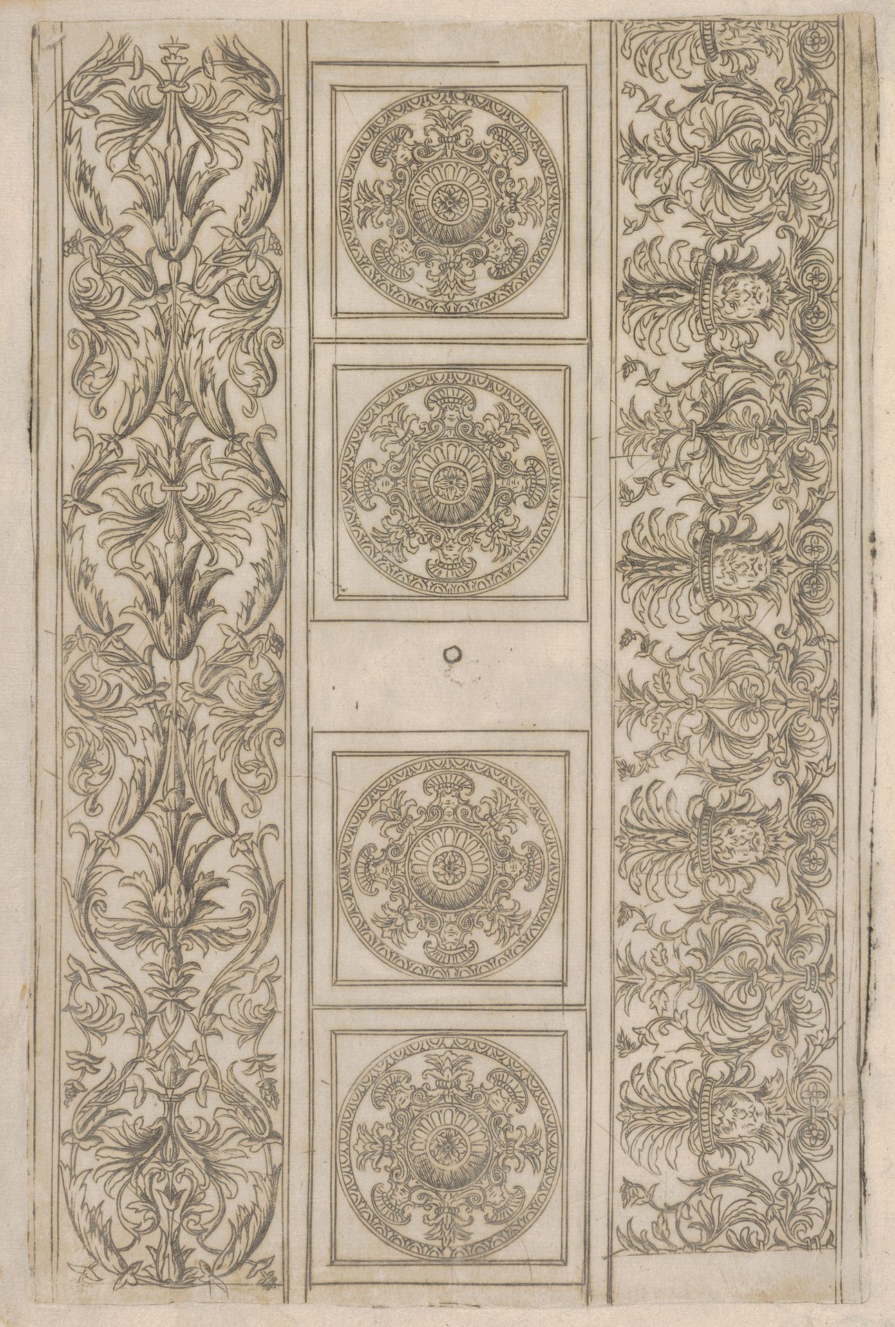 Sheet of border segments: vertical floral ornament, horizontal frieze, four corners by Francesco Rosselli