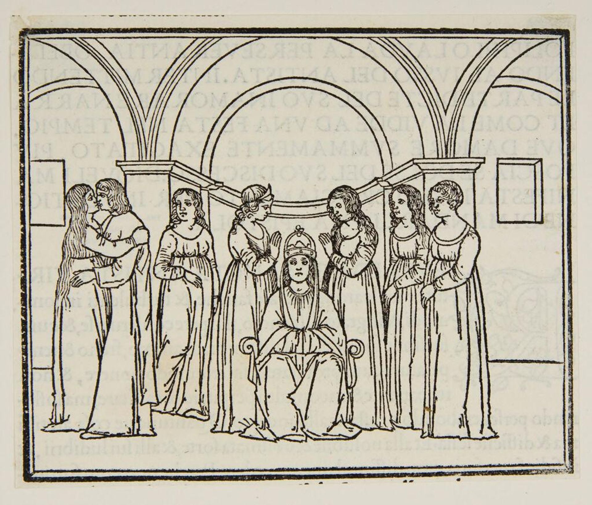 The priestess enthroned, with five nymphs surrounding her. Poliphilus and Polia are kissing each other in her presence. (D iiii) by Anonymous