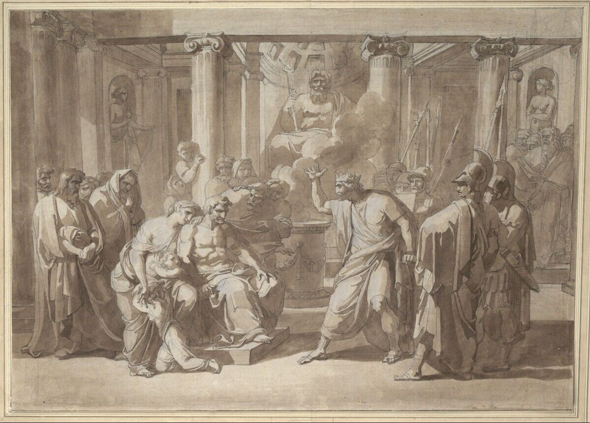 Leonidas II, king in Sparta, rushes towards the failed Cleombrotos, who fled to the temple of Neptune with his wife Chilonis, daughter of Leonidas, and the children by Vincenzo Camuccini