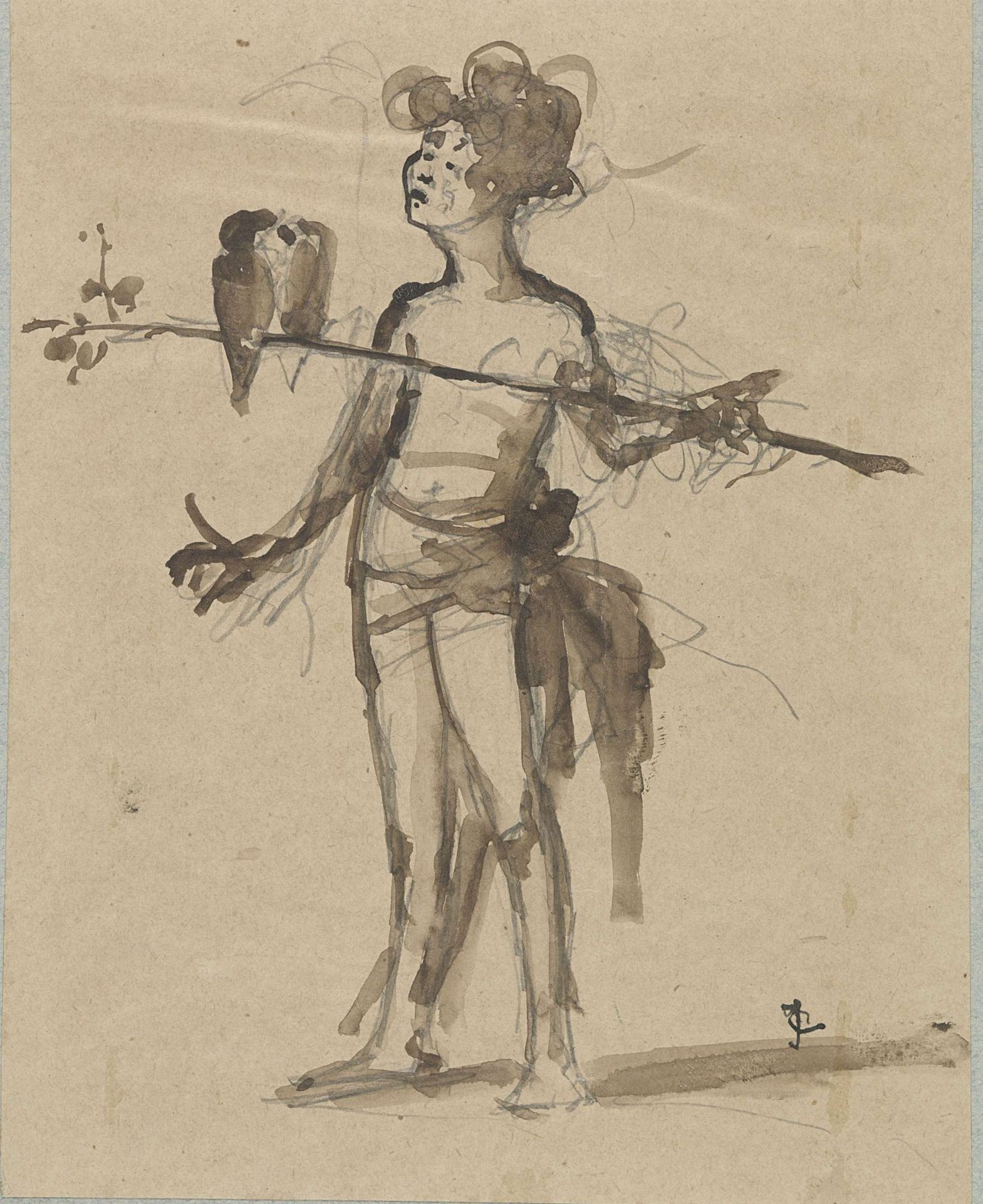 Staande figuur met tak waarop vogels by Gustave Joseph Chéret
