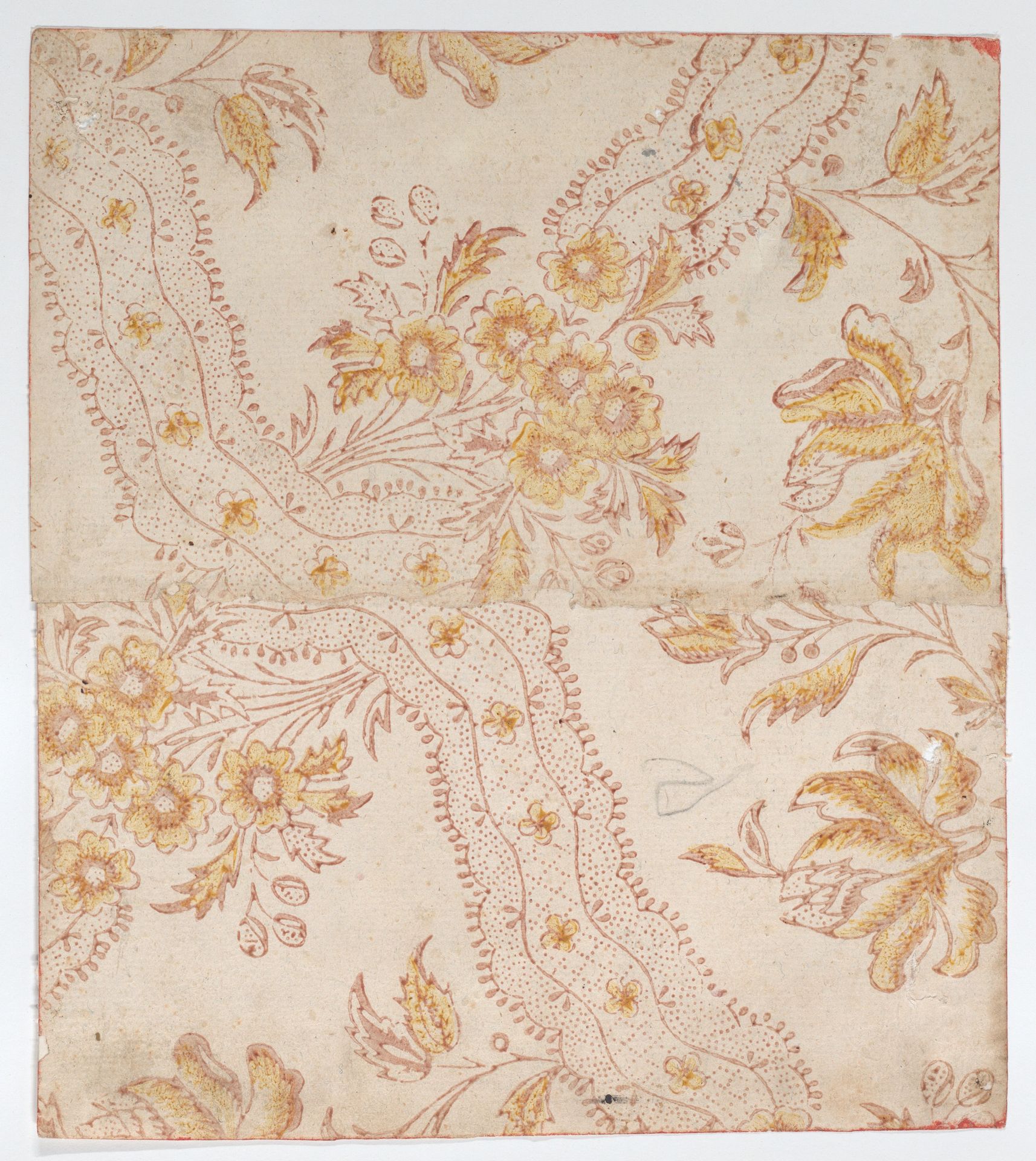 Sheet with overall red and yellow floral pattern by Anonymous
